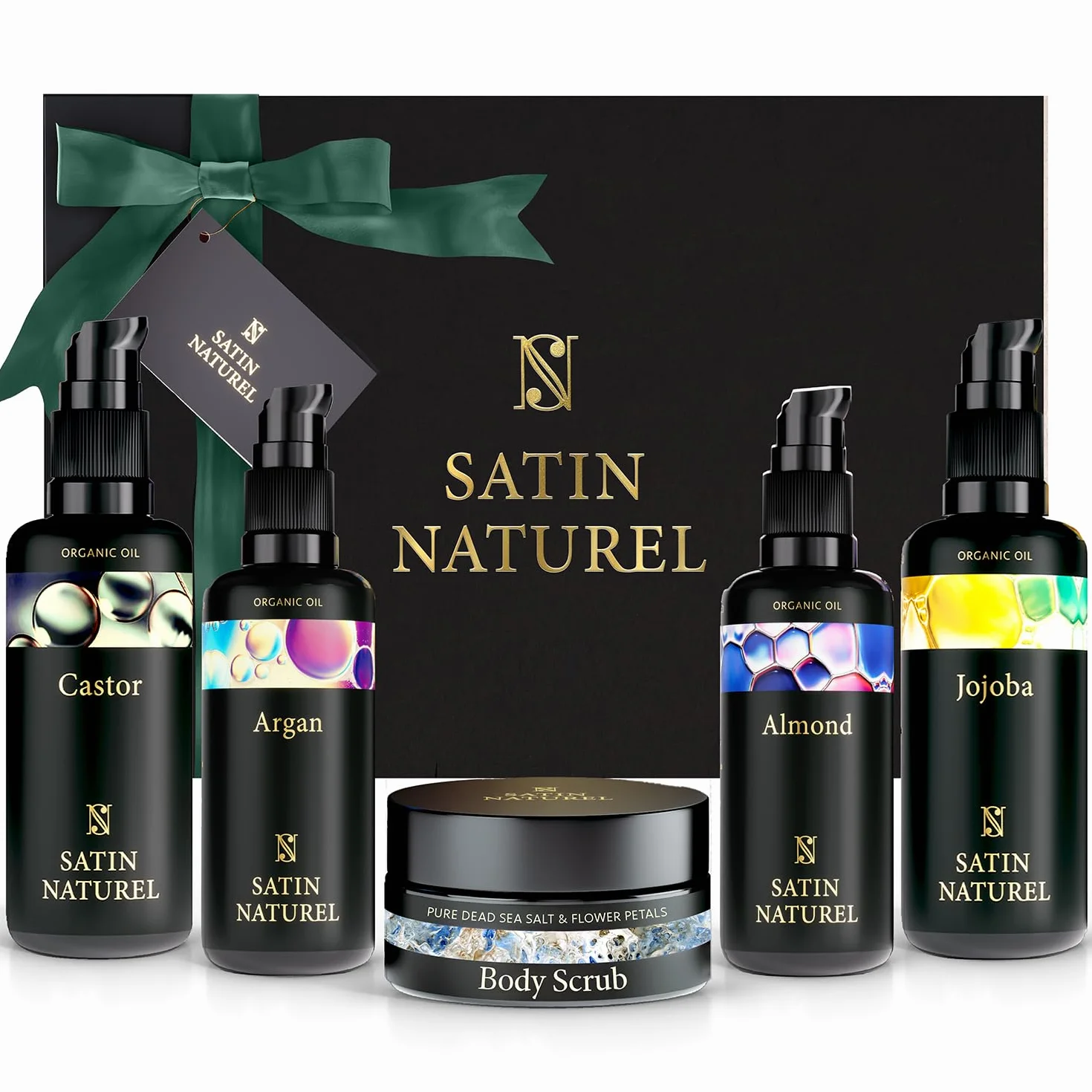 Satin Naturel Coffret Cadeau Femme 350 ml Huile Argan Ricin Amande Jojoba Gommage Corps