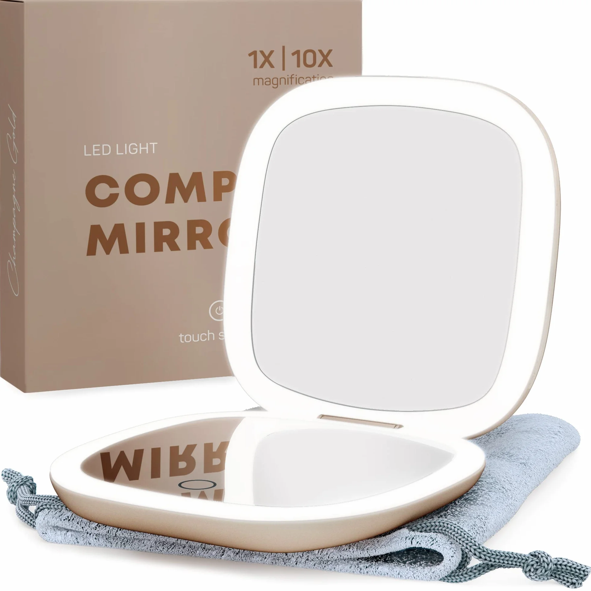 Miroir de Maquillage de Voyage Éclairé LED Rechargeable 1X/10X Lumière Diurne Capteur Tactile USB Or Champagne