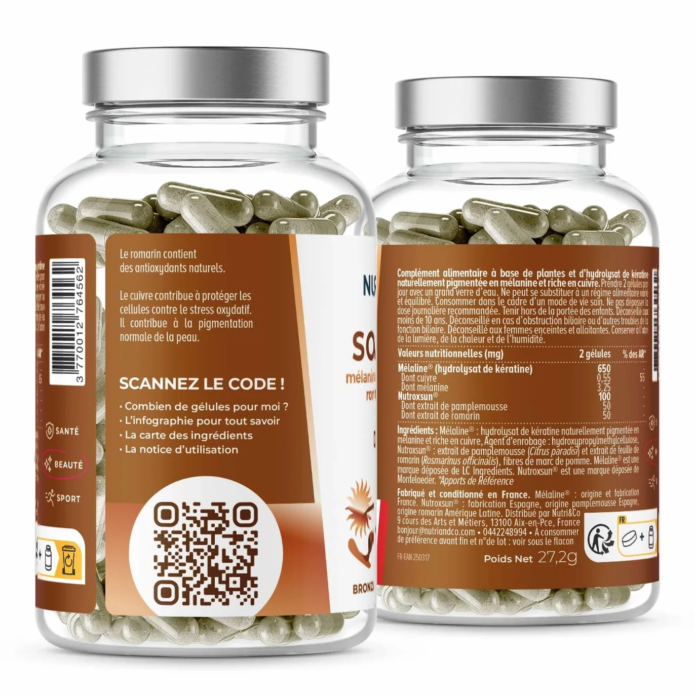 NUTRI & CO Le Solaire Formule 2en1 Préparateur Accélérateur de Bronzage Complément Alimentaire Solaire 60 gélules Fabriqué en France