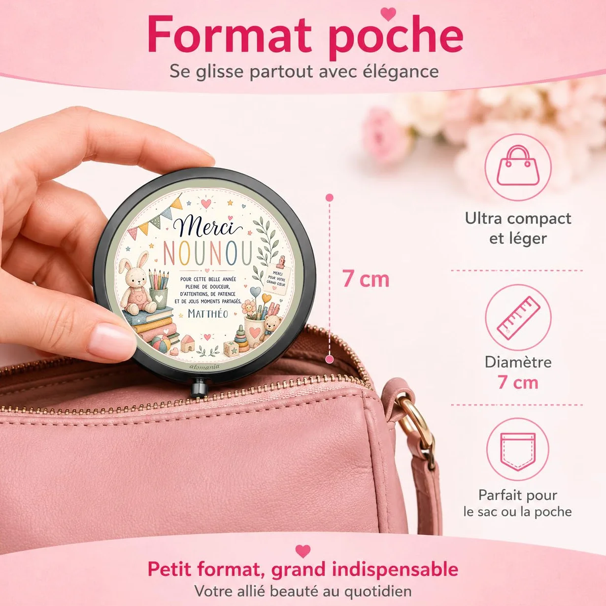 Miroir de Poche Personnalisé Cadeau Nounou Fin d'Année avec Prénom – Cadeau Assistante Maternelle Original