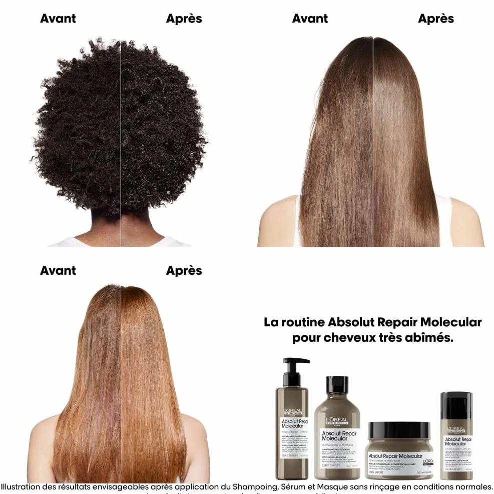 L'OREAL PROFESSIONNEL Absolut Repair Molecular Réparation Thermoprotection Cheveux Très Abîmés Raides à Bouclés Répare 2 Ans Dommages +97% Force