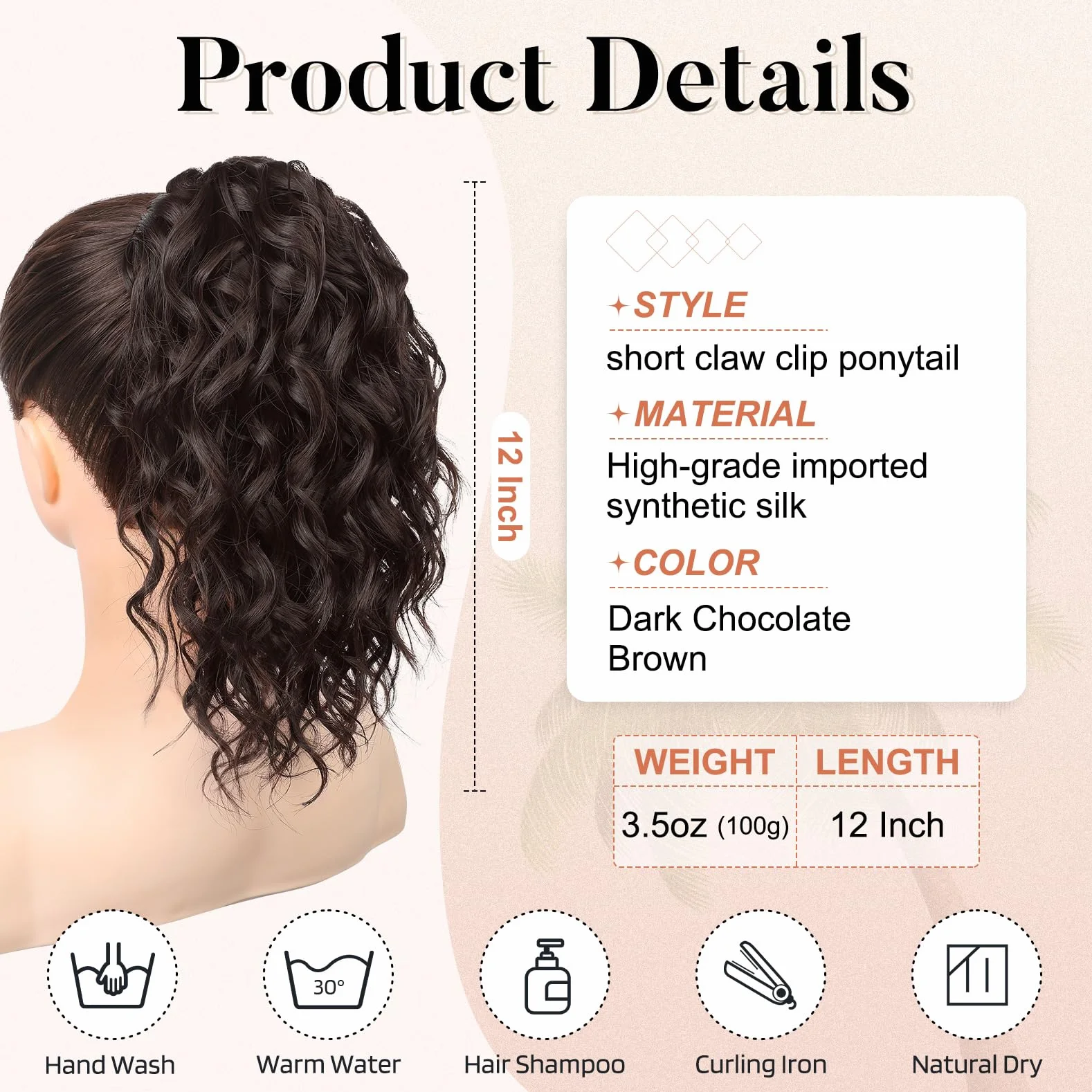 Flufymooz Extension de queue de cheval, 30,5 cm, queue de cheval courte à pince, ondulée et bouclée, clip à mâchoire pour extensions de queue de cheval, perruque synthétique naturelle pour femmes