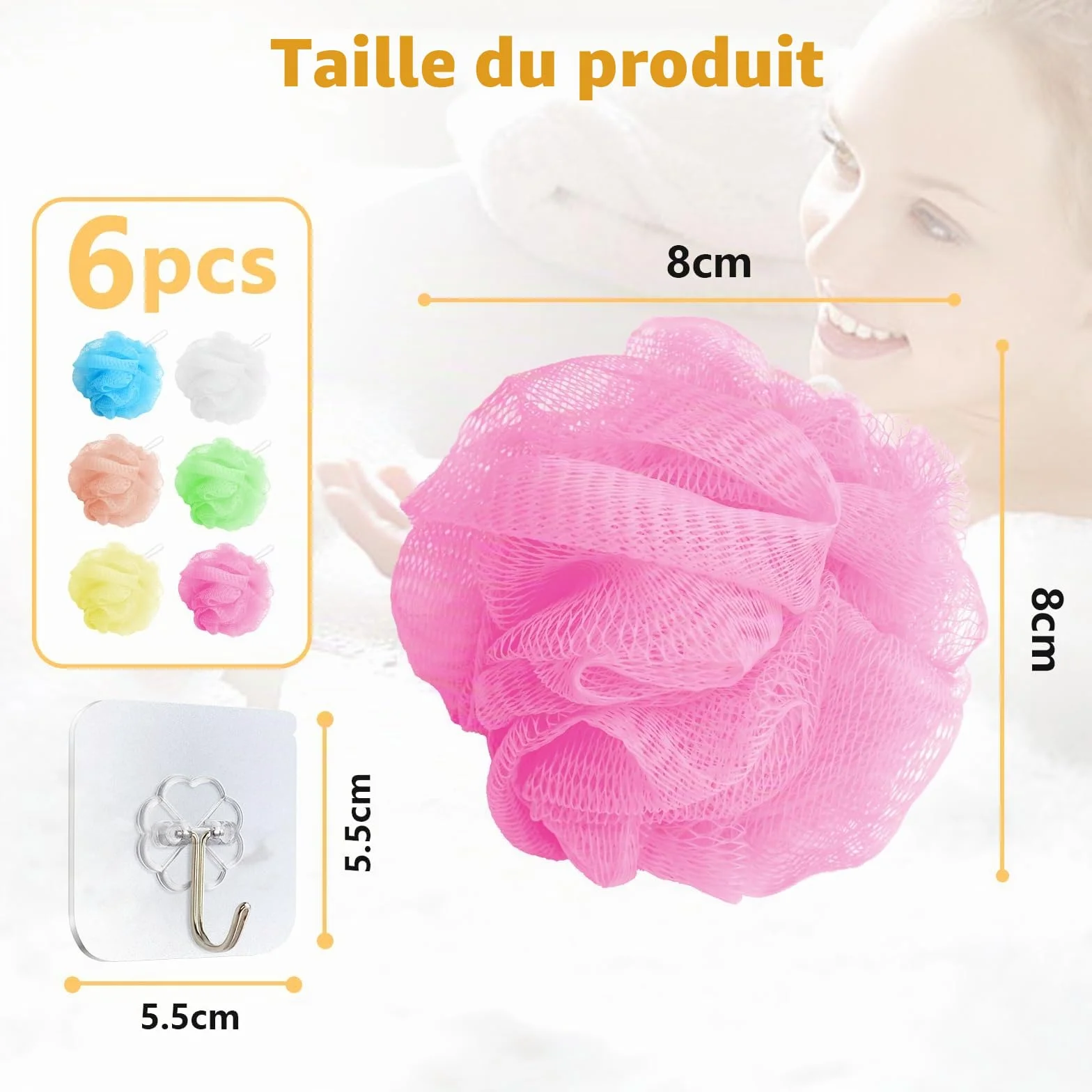 Lot de 6 Éponge de Douche Douce Durable Fleur Lavable Maille Massage Corps Nettoyage Exfoliation avec Crochet
