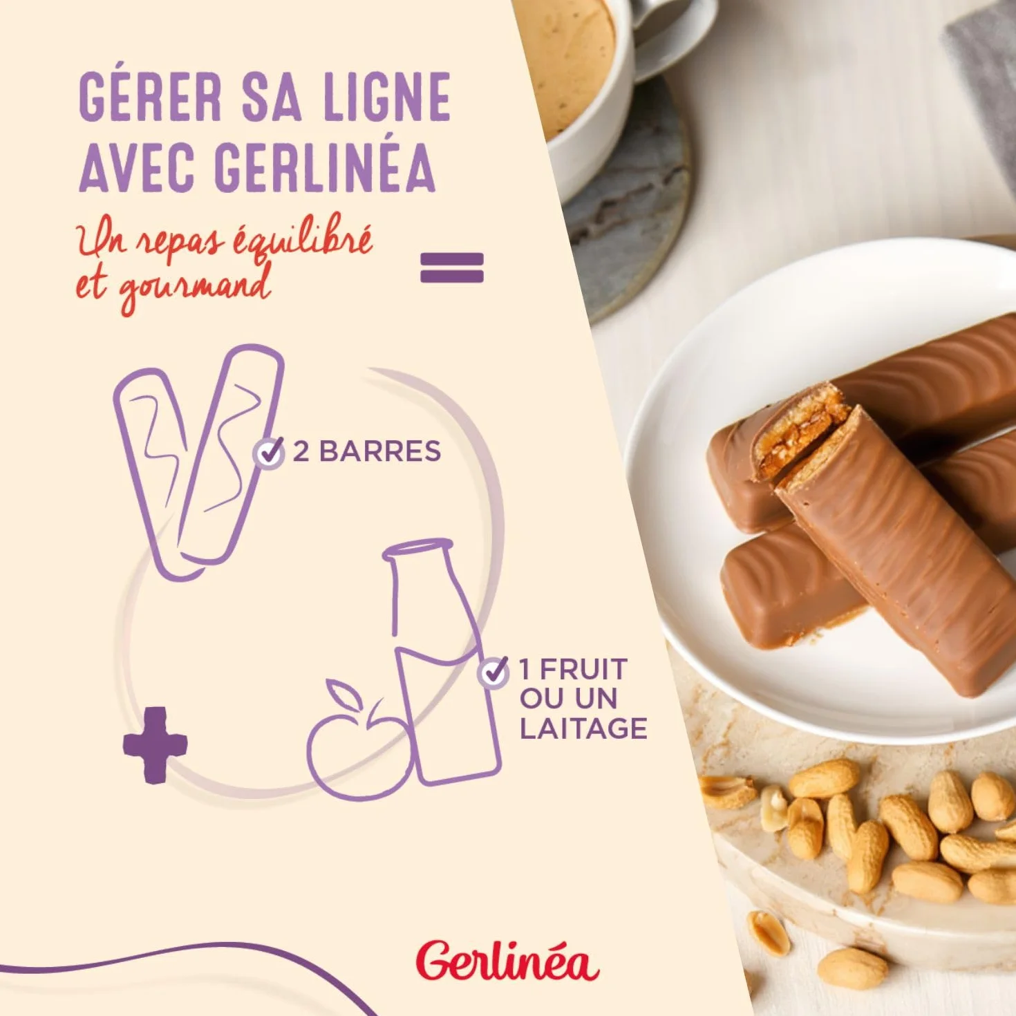 GERLINÉA Barre Repas Crunchy Chocolat au Lait Cacahuète Substitut de Repas Minceur Protéiné 240 Kcal 12 Barres 372 g