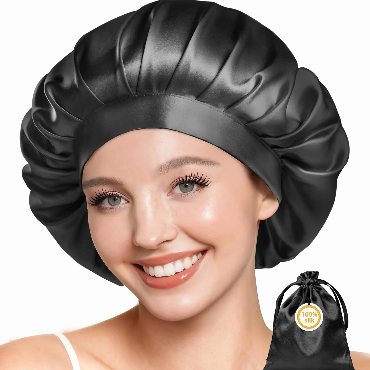 Kaome Bonnet de Nuit en Soie Mûre 22 Momme 100%, Bonnet de Sommeil Réglable Double Face 6A, pour Cheveux Bouclés et Longs, Doux et Antidérapant, Respirant avec Sac de Rangement