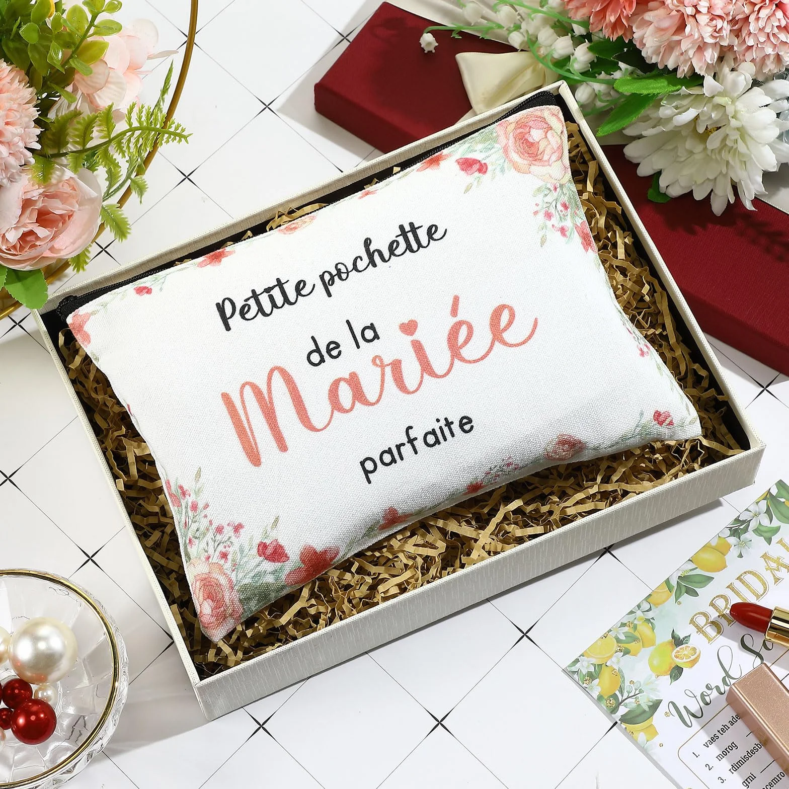 Pochette à Cosmétiques Zippée pour Mariée Trousse de Maquillage Cadeau de Mariage