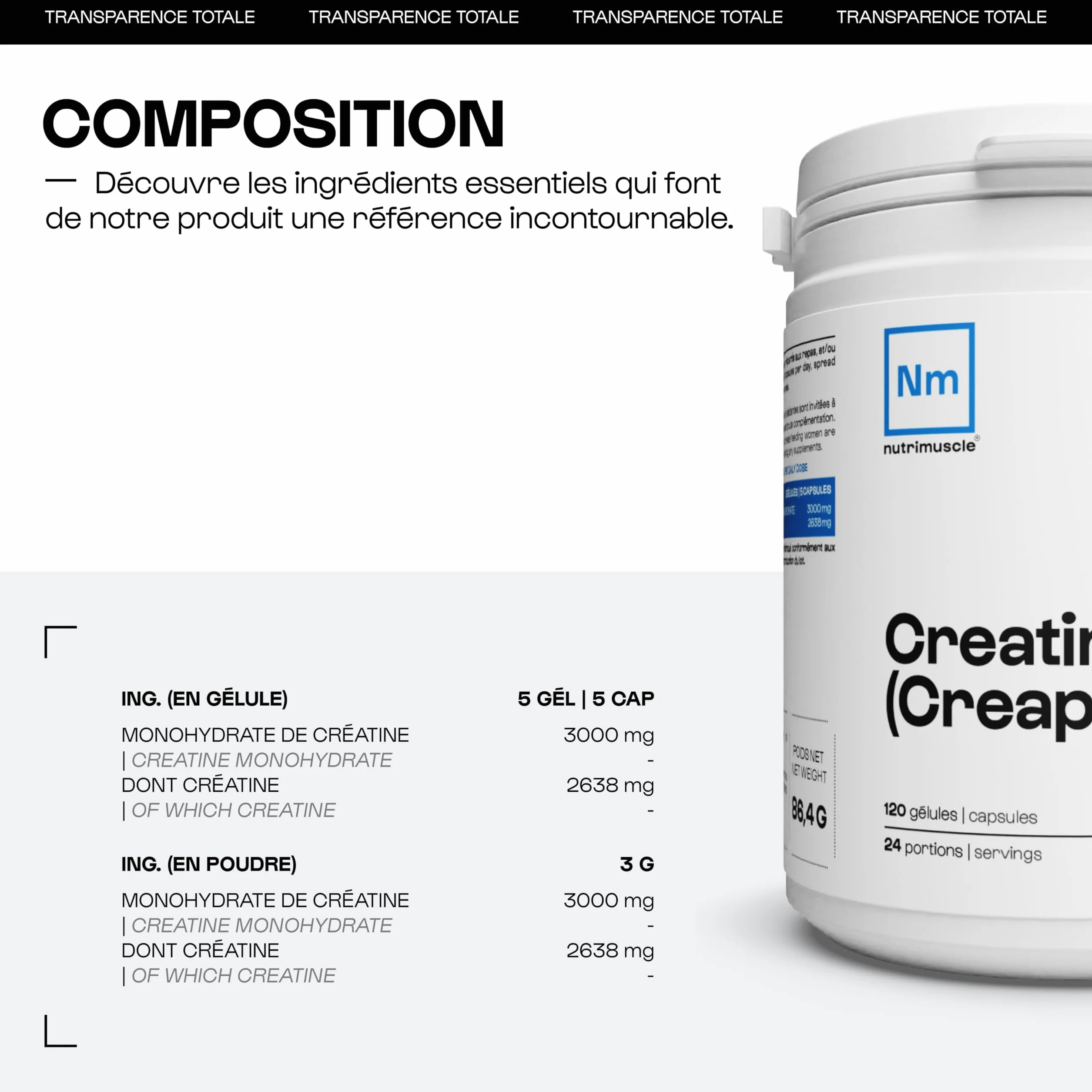 Créatine Monohydrate Creapure 120 Gélules Nutrimuscle Prise de Masse Musculaire Force