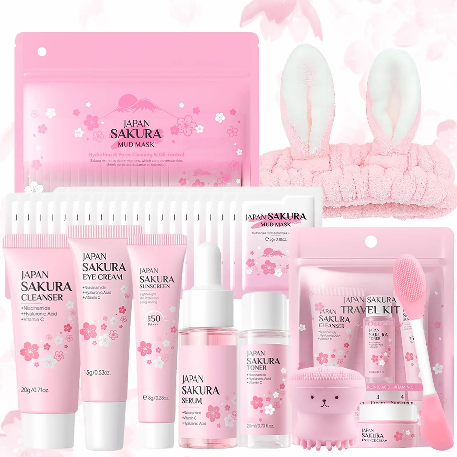 Sakura Ensemble de Soins de la Peau 29 Pièces Coffret Cadeau Crème Nettoyante Toner Sérum Masque de Boue