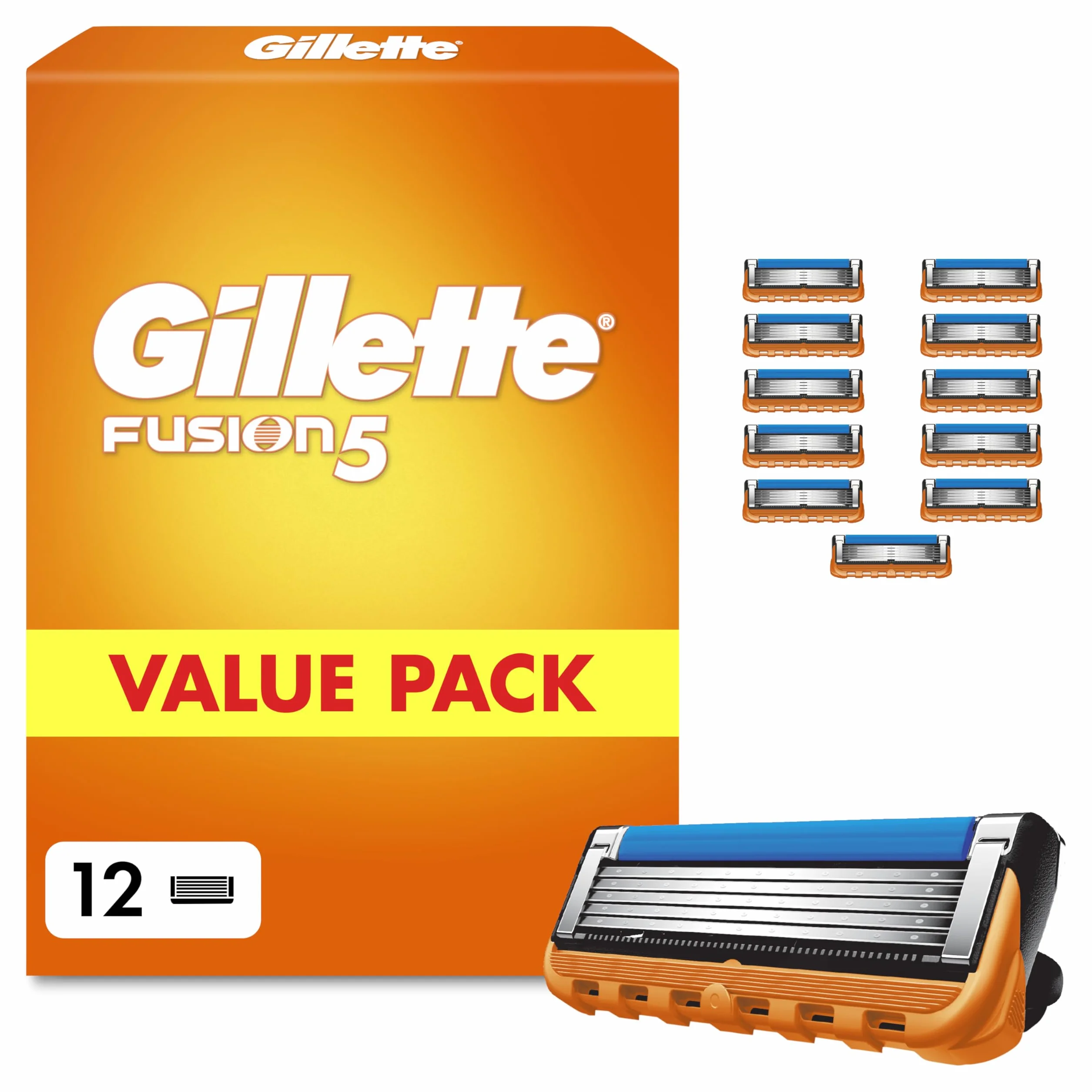 Gillette Fusion 5 Lames de Rasoir Homme, Pack de 12 Recharges Longue Durée, Acier Inoxydable