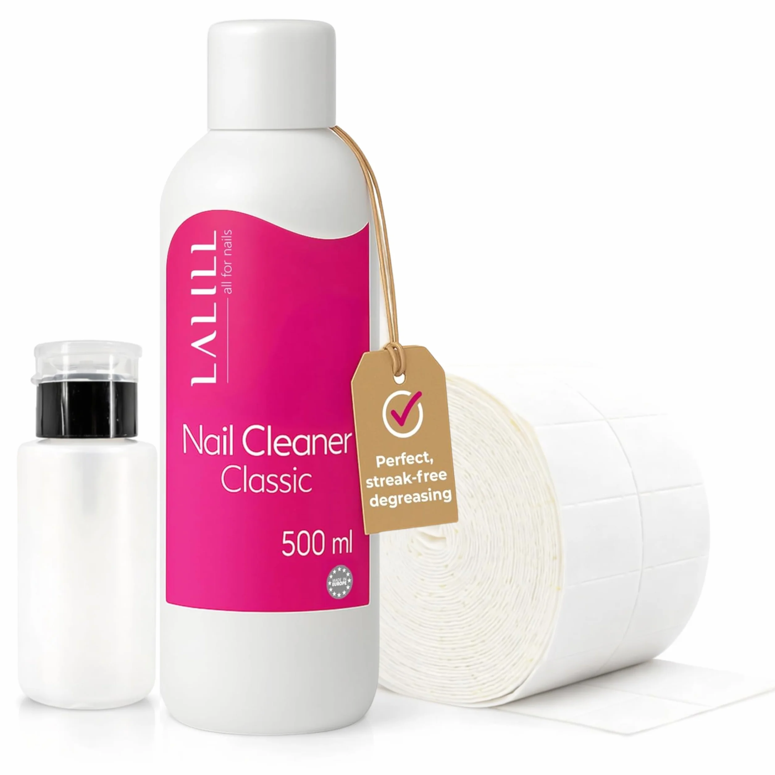 LALILL Cleaner Ongles Dégraissant 500ml Kit - Nettoyant pour Ongles avec Flacon Pompe 200ml, 500 Pads et Brosse