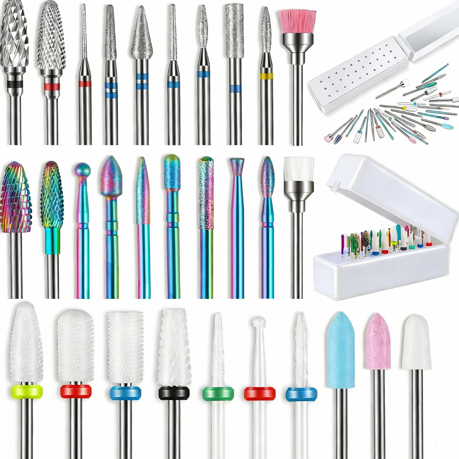 30 foret à ongles avec boîte pour Cuticules, Anti-blessure Pour Débutant | 3/32 Pouce Ponceuse ongles, Carbure Céramique Diamantés, Durable pour Ongles en Gel Acrylique