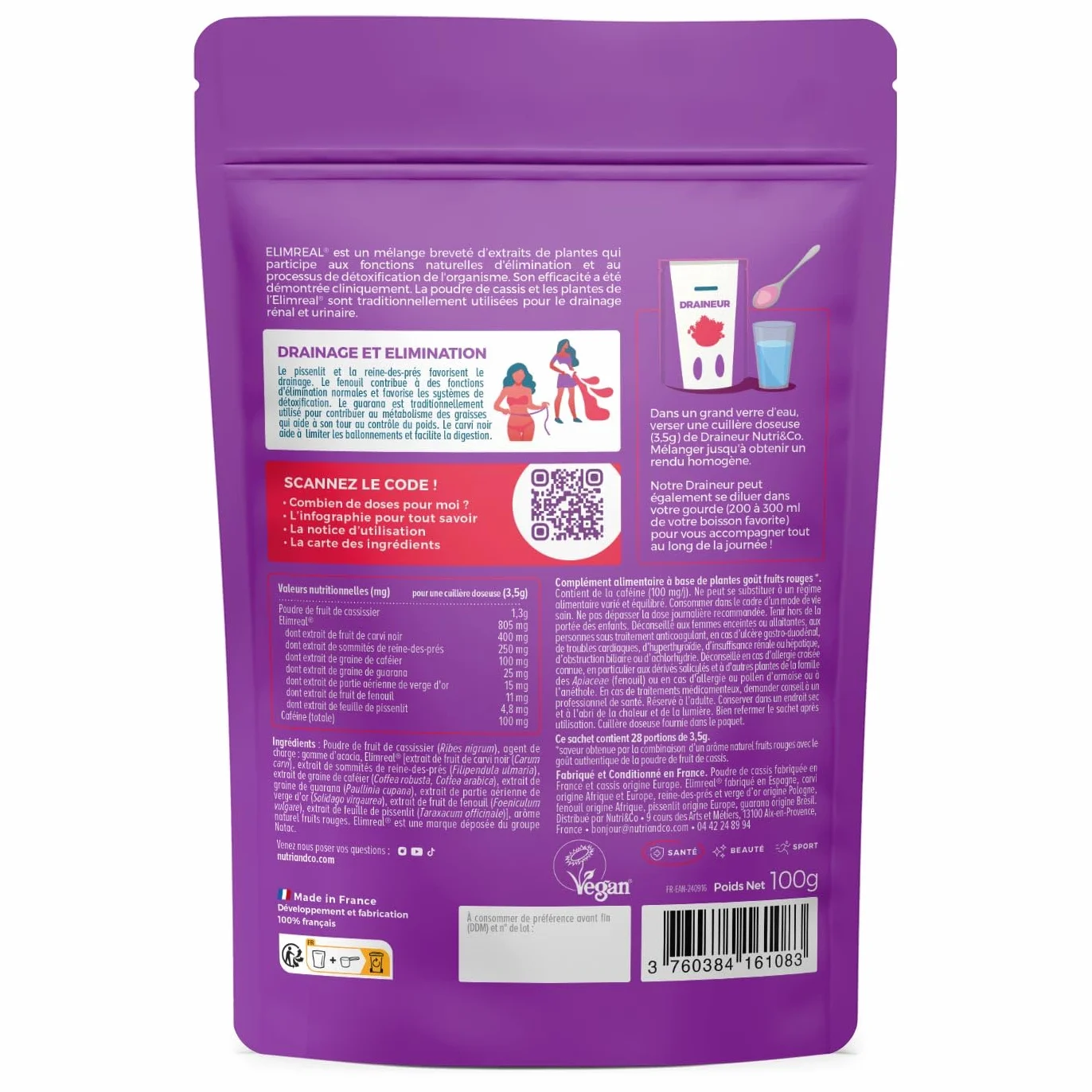 NUTRI & CO Draineur Rétention d’Eau Puissant - Poudre de Cassis & Extraits de Plantes Breveté Elimreal® - Ventre Plat & Ballonnements - Goût Fruits Rouges 100g Vegan