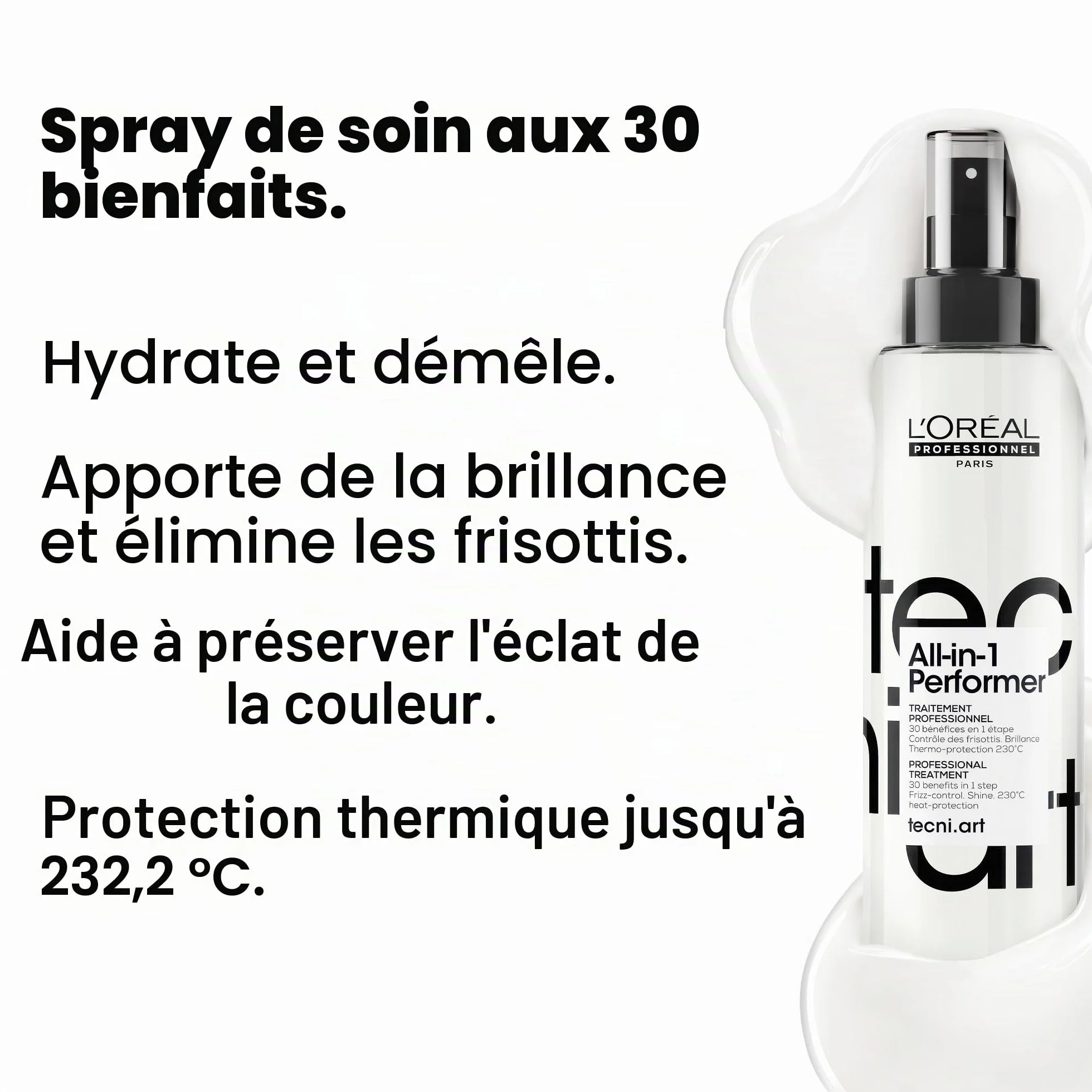 L’OREAL PROFESSIONNEL - Spray Coiffant Tenue 24H - Homme & Femme - Soin Sans Rinçage Multi-Bénéfices - Thermoprotecteur - Anti Frisottis - Cheveux Brillants - Tecni Art All-In-1 Performer - 190 ml