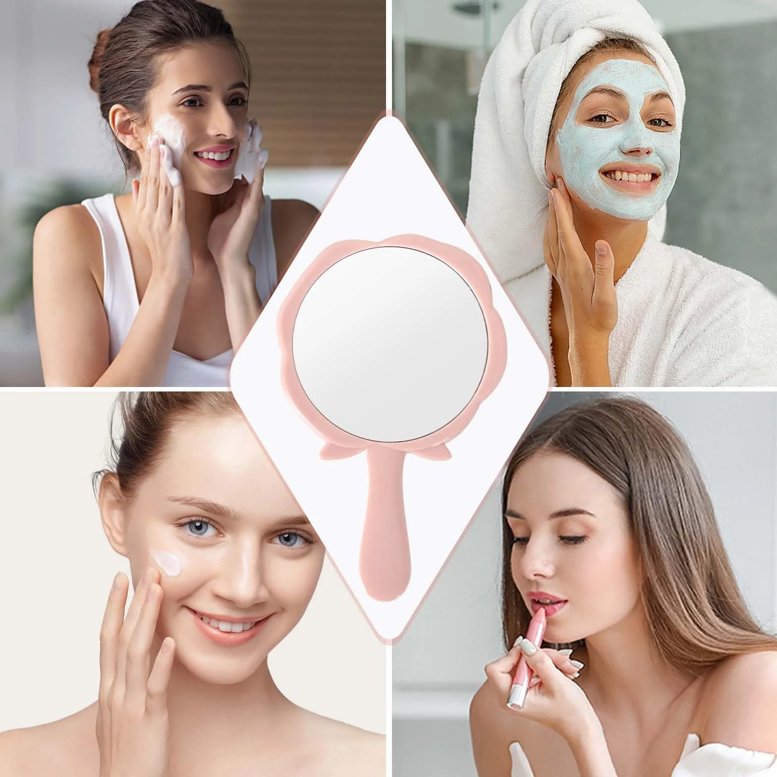 Miroir à Main Rose Portable avec Poignée pour Maquillage Voyages