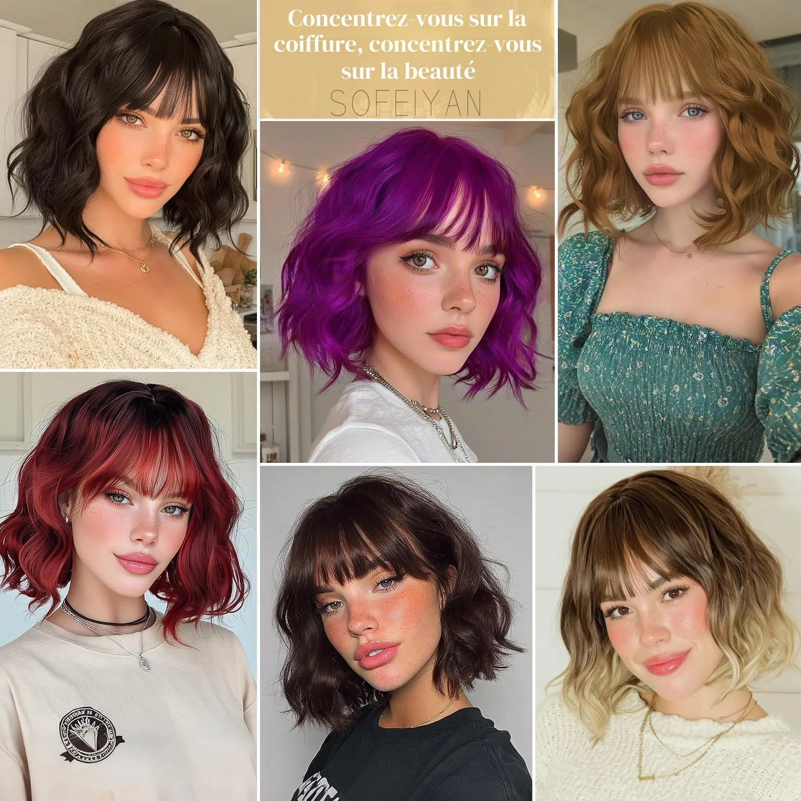 Sofeiyan Perruque Courte Ondulée 30 cm avec Frange, Cheveux Synthétiques Marron Foncé pour Femme Résistante à la Chaleur Naturel Bouclée pour Usage Quotidien et Cosplay