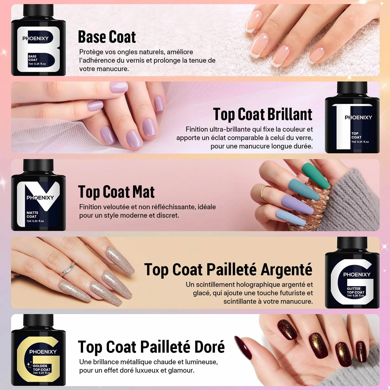 Phoenixy Kit Vernis Semi Permanent 25 Couleurs avec Lampe UV Base et Top Coat Kit Ongle Gel UV Complet Rouge Rose Vernis Semi Permanent Cadeaux pour Femmes