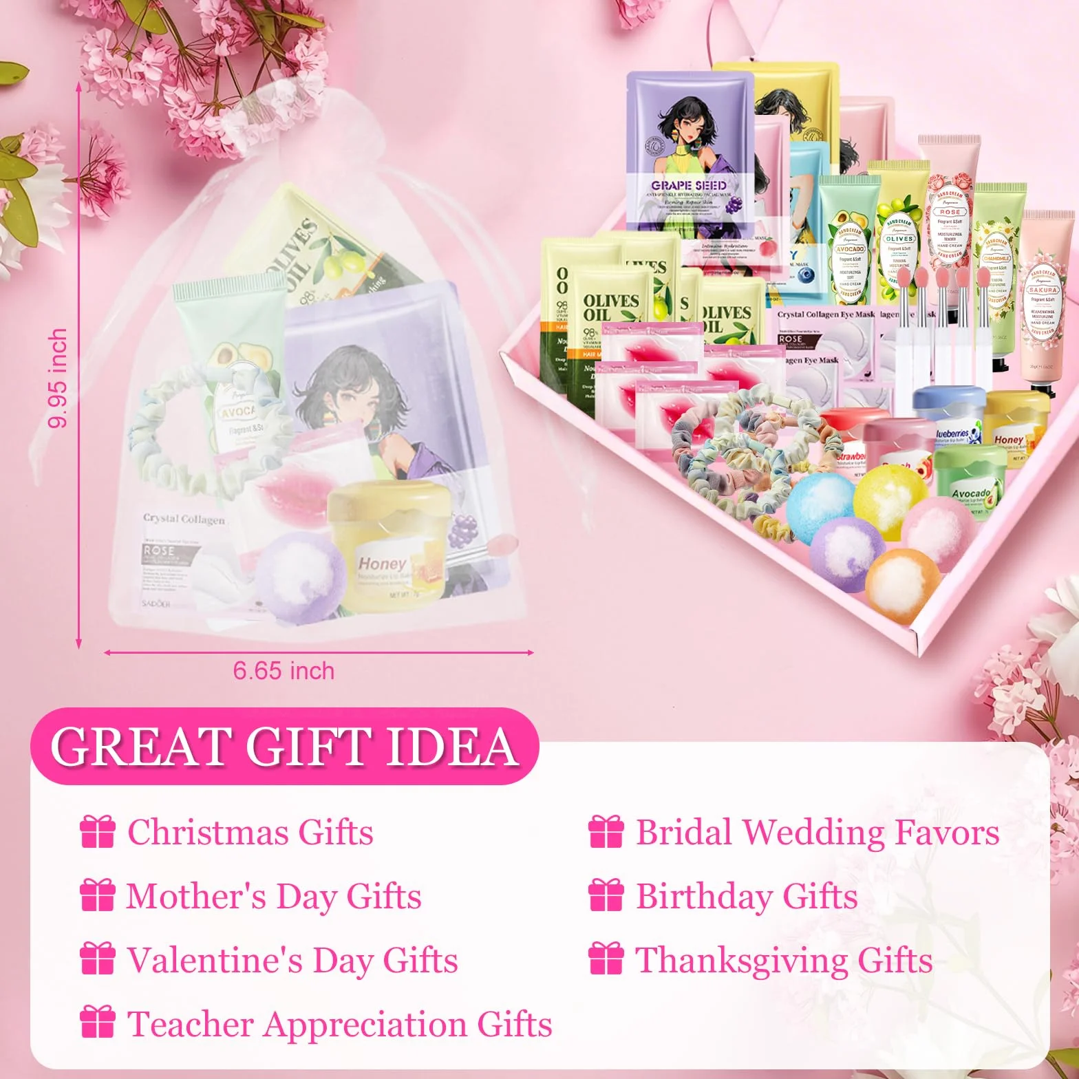 Coffret Cadeau Femme Spa 50 Pièces Bain Soins Masques Visage Patchs Yeux Crème Mains Baume Lèvres Bombes Bain Élastiques