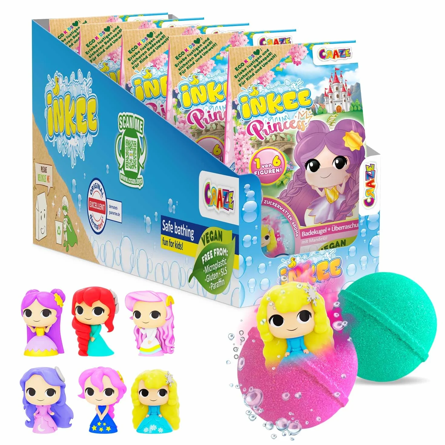 INKEE Boule de bain Princesse Pack de 5 - Bombes de Bain Enfant avec Surprise, Figurine Princesse à l'intérieur, Parfum Barbe à Papa & Huile d’Amande Douce – 5x 100g, Rose & Violet