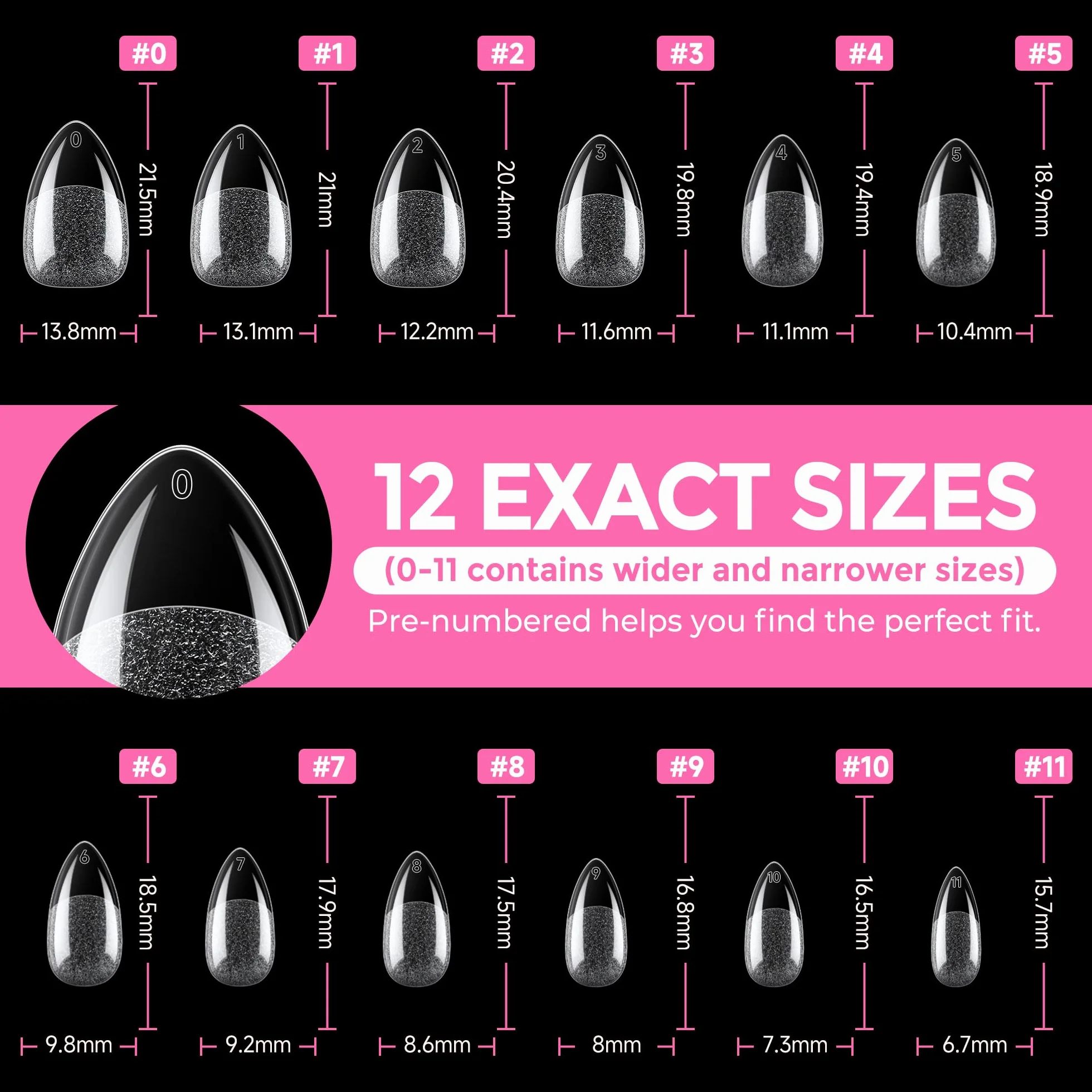 UNA GELLA Capsule Américaine Ongle Amande Court 216 Pièces 12 Tailles pour Extensions Acryliques DIY