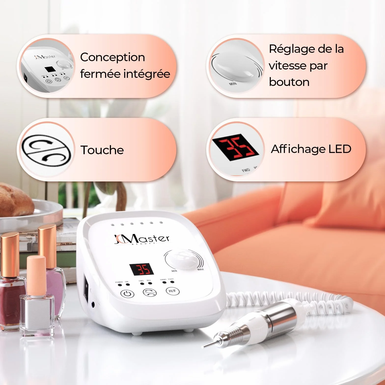 JCMASTER Ponceuse pour Ongles Professionnelle, 35000 tr/min Lime à Ongles Électrique avec Pédale + 6 Embouts Set Manucure Pédicure pour Retirer le Vernis/Gel/Cuticules