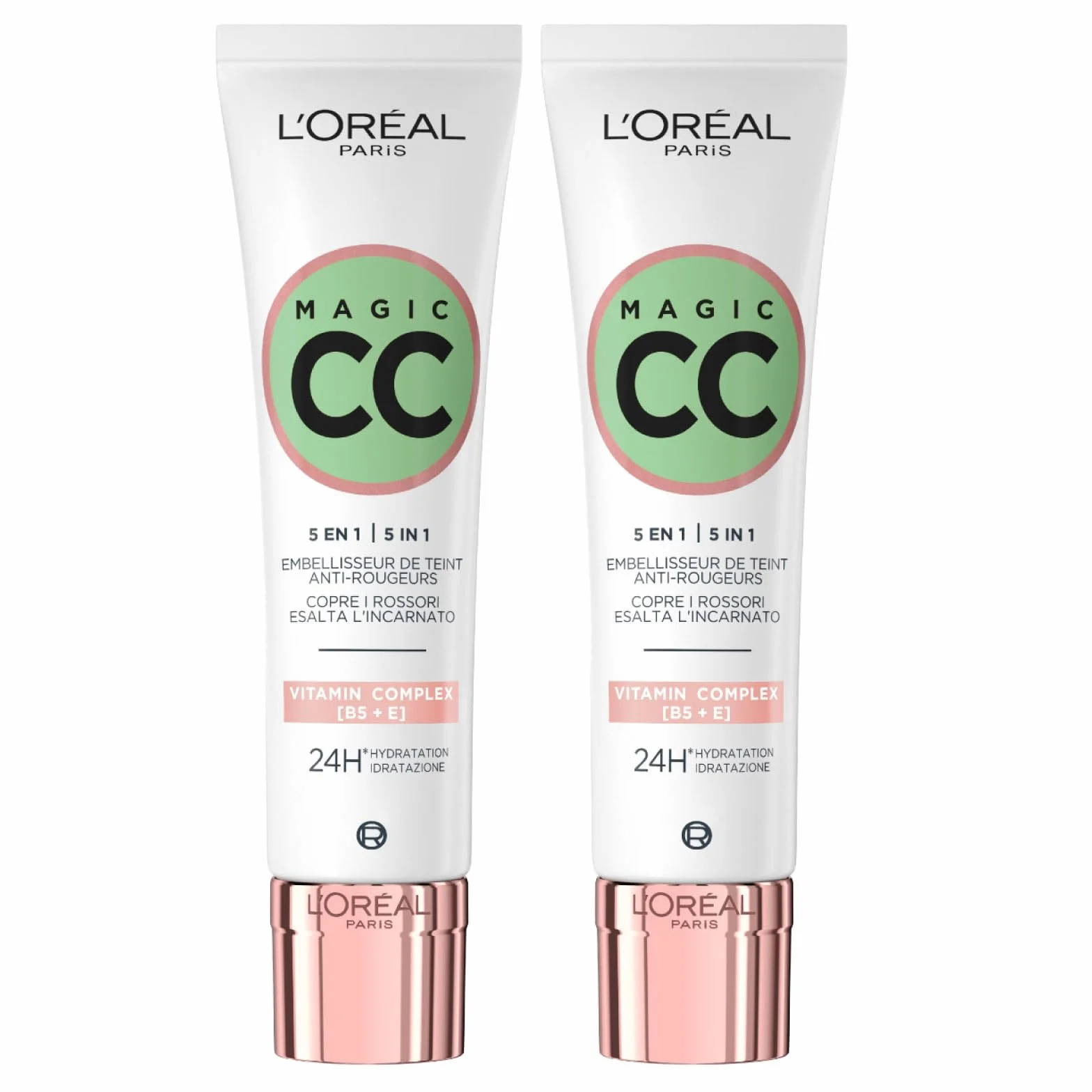 L'Oréal Paris Magic CC Cream 24H Moisturising Anti-Redness Green Cream 5in1 Universal Shade Long-Lasting Velvety Skin Effect - 2 flacons de 30ml