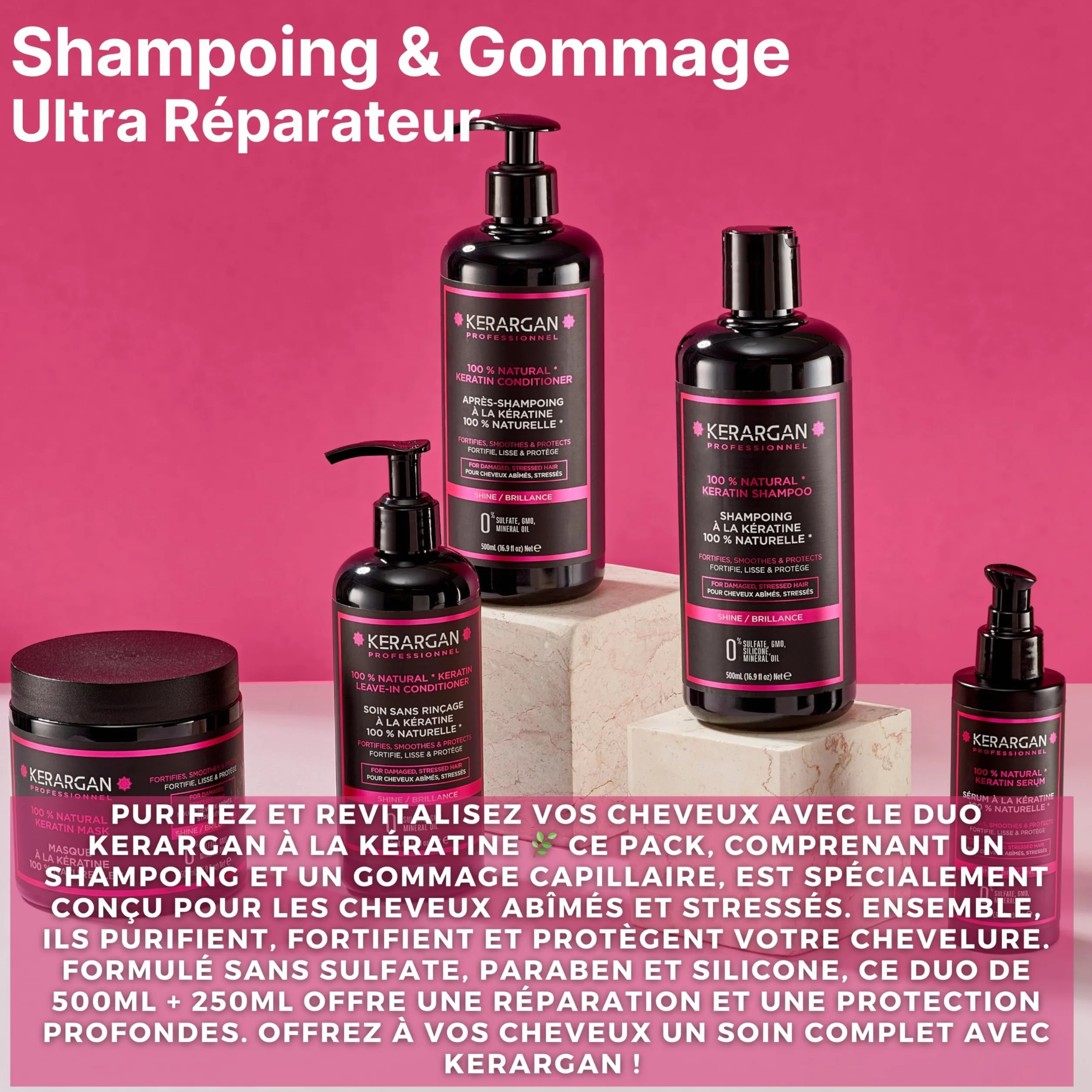 KERARGAN - Duo Kératine Shampoing & Gommage Sans Silicones - 500ml+250ml | Shampoing et gommage, nettoient et exfolient le cuir chevelu, formules sans silicones, OGM ni huiles minérales