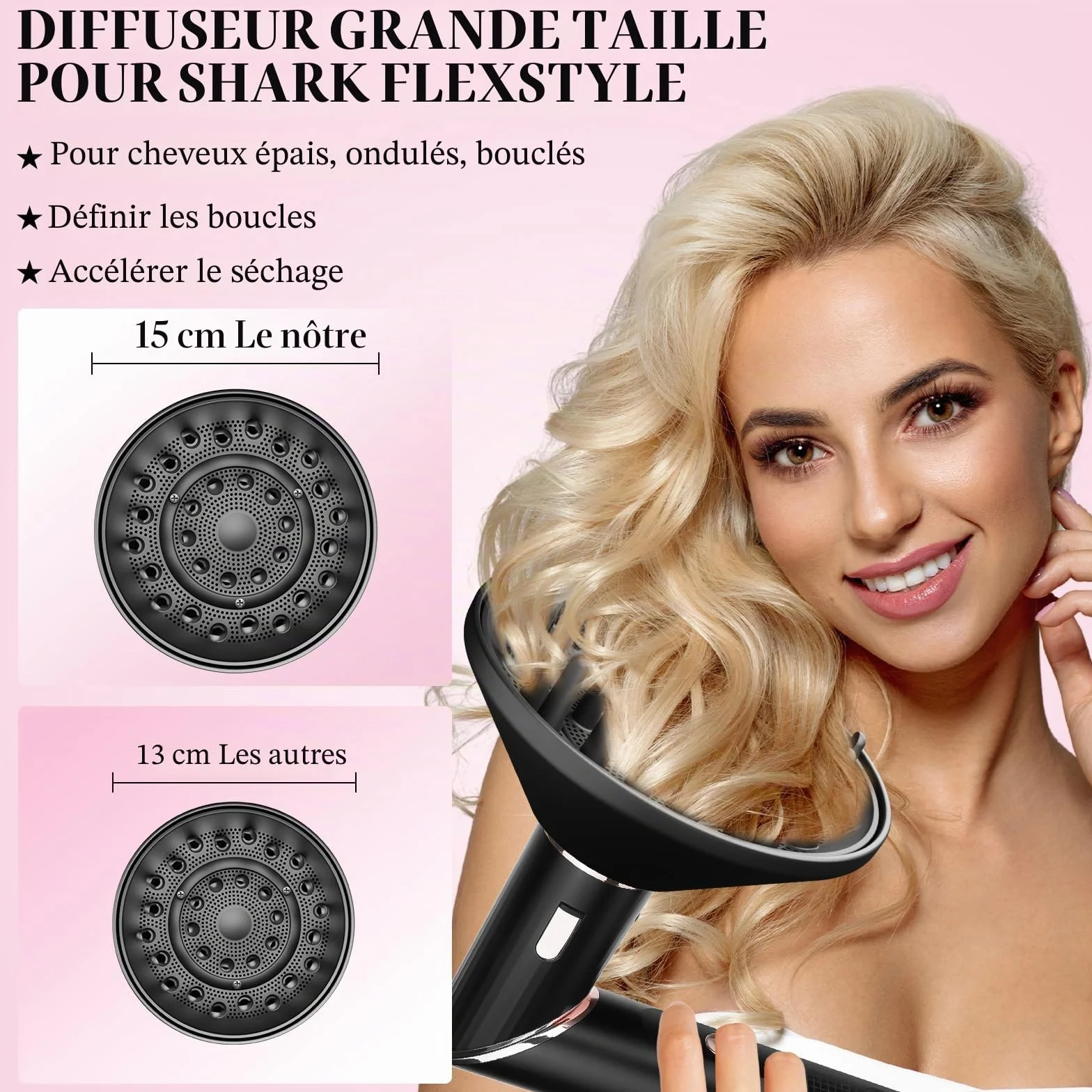Grand diffuseur compatible avec Shark FlexStyle, buse diffuseur plus grande pour sécher plus rapidement et définir les cheveux ondulés bouclés bouclés Noir