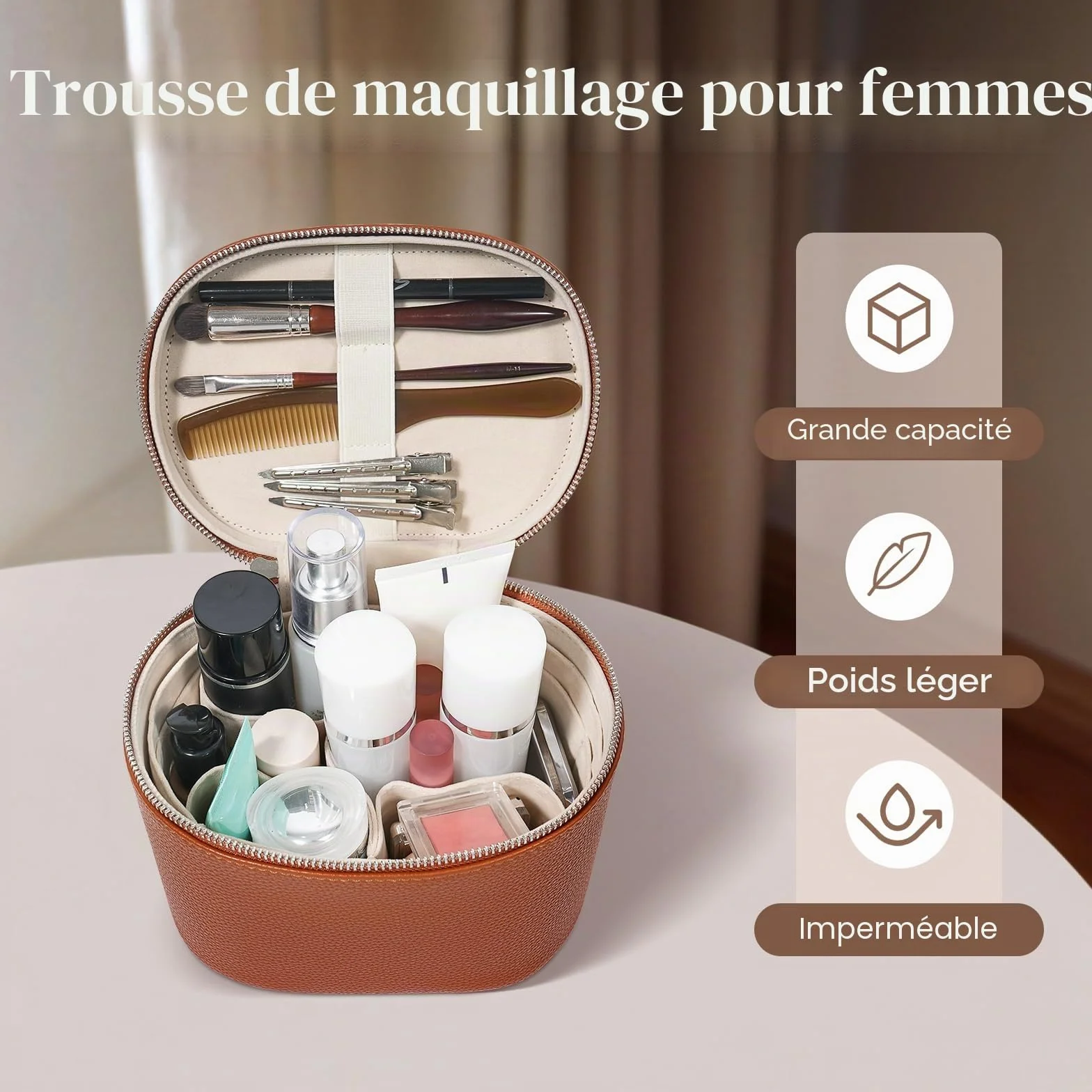 Trousse de Maquillage Femmes Sac Cuir Voyage Rigide avec Compartiments Poignée