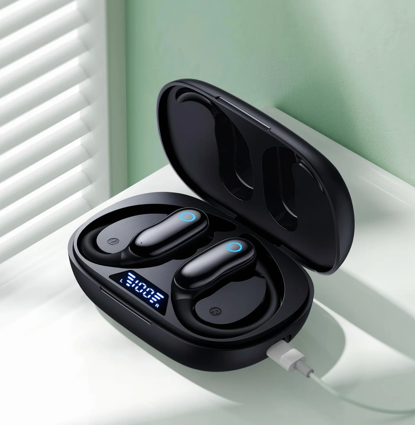 Écouteurs Bluetooth sans Fil Sport avec Crochet, Réducteur de Bruit ANC -30dB, IPX7 Étanche, 96H Autonomie, Bluetooth 5.3, Haut‑Parleurs 16mm, Micro ENC – pour Running, Fitness & Extérieur