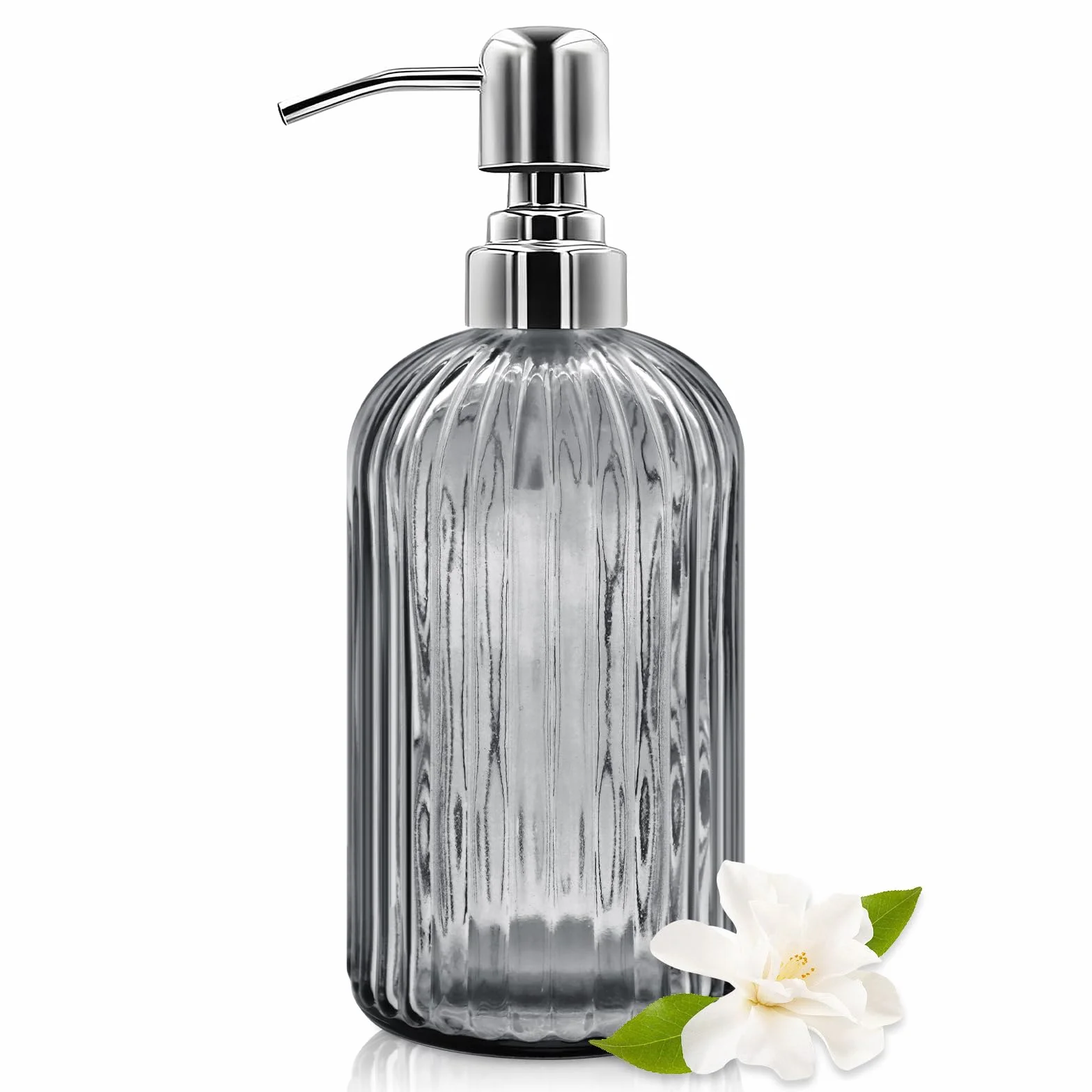 Distributeur de savon en verre de 532 ml avec pompe en acier inoxydable, bouteille de savon liquide rechargeable au design moderne côtelé pour salle de bain, cuisine, savon pour les mains, savon à