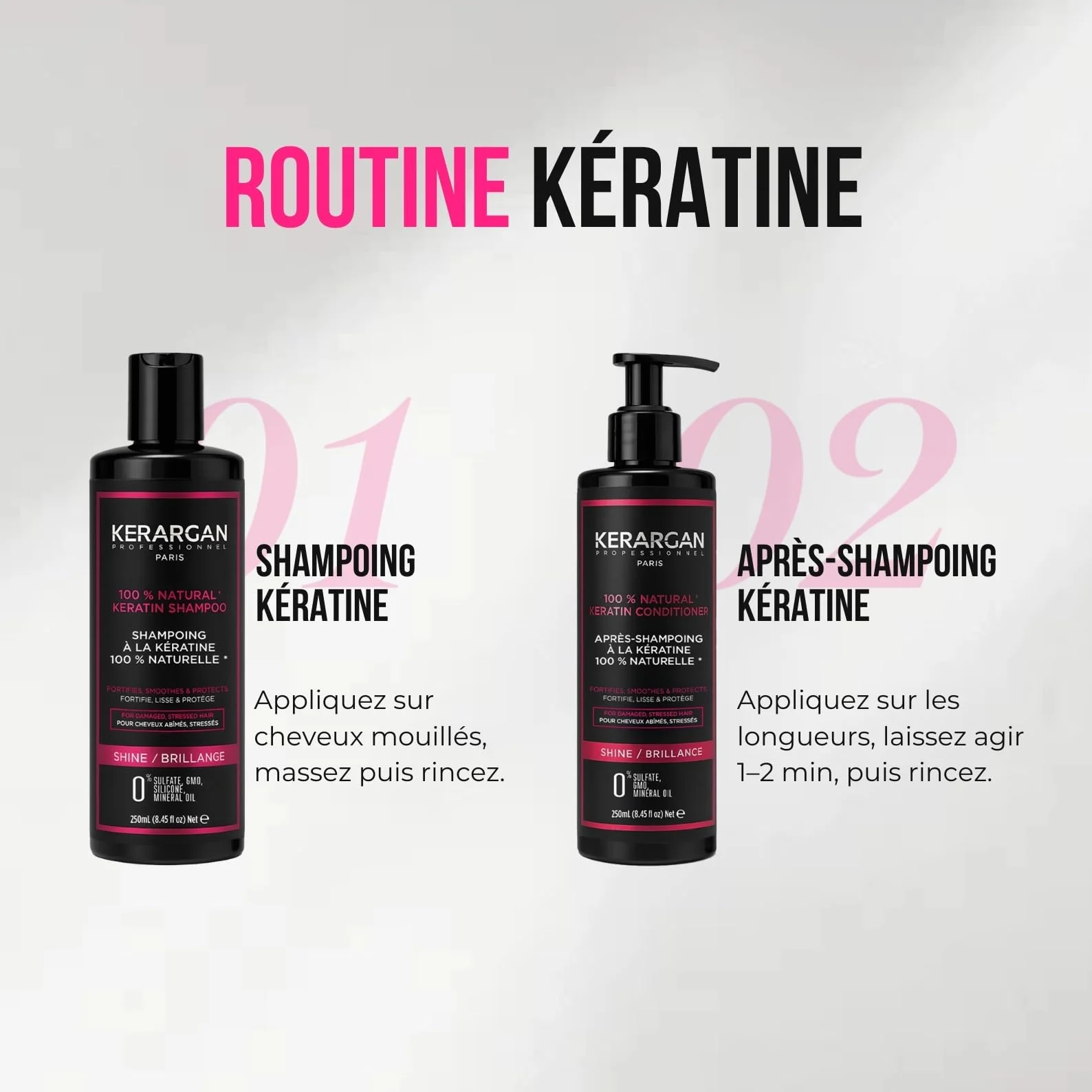 Kerargan - Duo Ultra Réparateur Shampoing & Après-shampoing à la Kératine pour Cheveux Abîmés et Stressés - Fortifie, Lisse & Protège - Sans Sulfate, OGM, Silicone - 2x250ml
