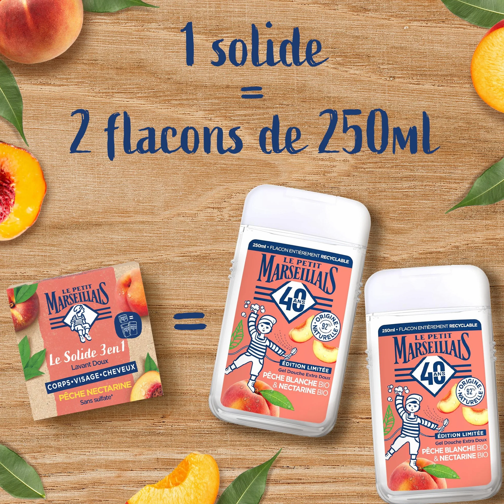 Le Petit Marseillais Le Solide 3 en 1 Lavant Doux Pêche Nectarine Savon solide corps visage cheveux sans sulfate équivalent 2 flacons gel douche