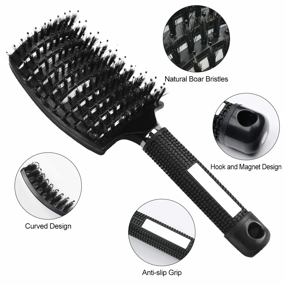 Brosse à Cheveux Poil de Sanglier Professionnelle Incurvée Ventilée pour Coiffeur (Noir)