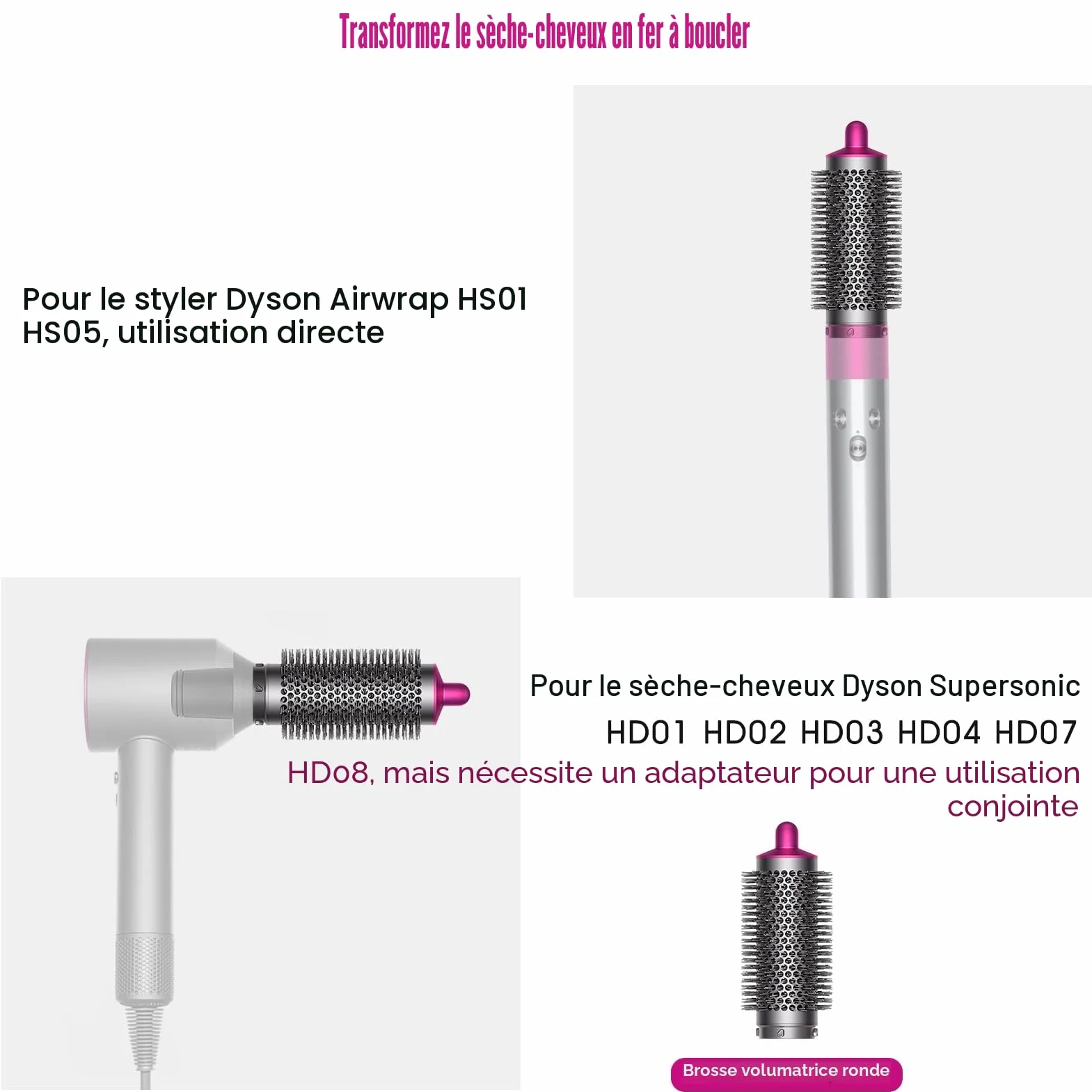Brosse volumisante ronde pour Dyson Airwrap HS01/HS05, numéro de pièce 969489-01 970750-01 pour cheveux plats et flasques