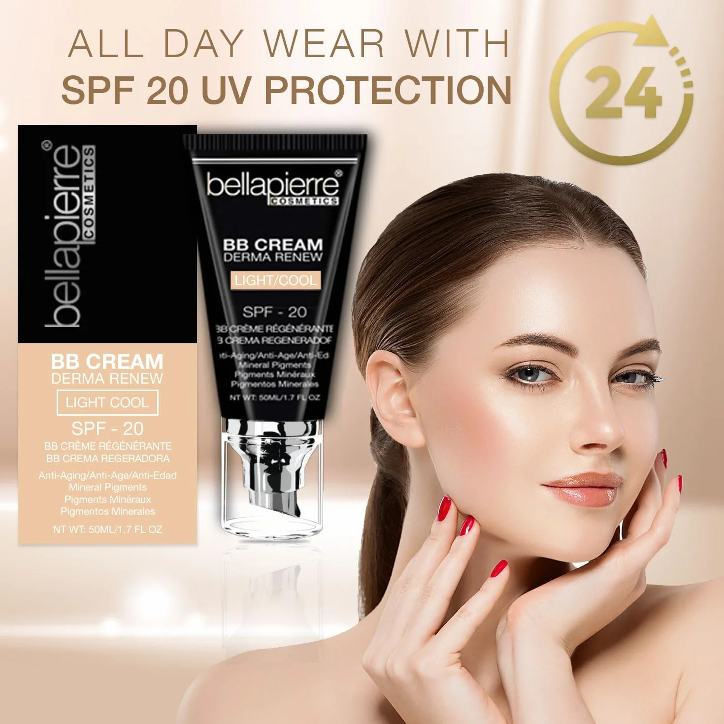 Bellapierre BB Crème SPF 20 | Correcteur, fond de teint et hydratant | Non toxique et sans paraben | Applicateur à pompe – 50 grammes - Medium Cool