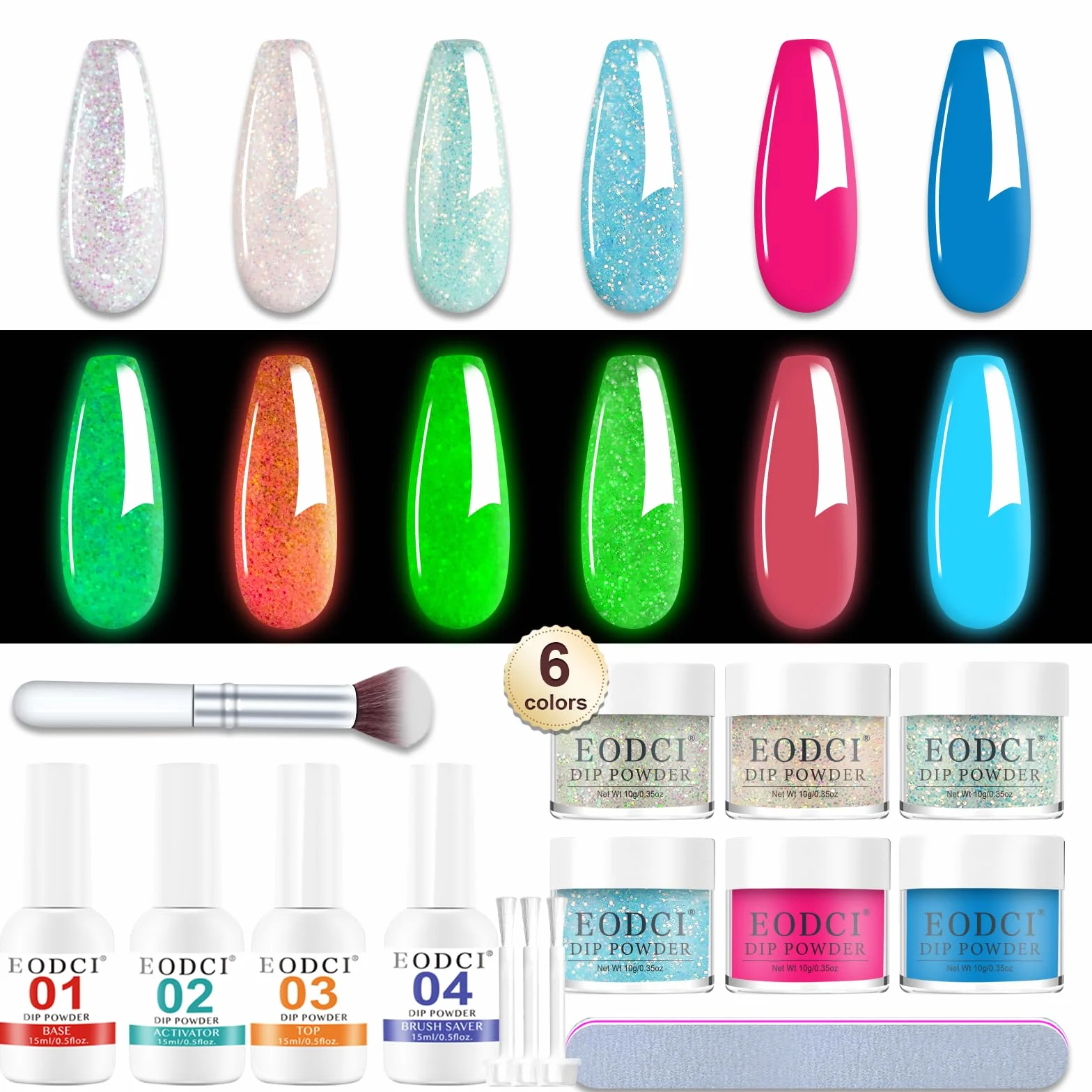 Kit de Poudre à Ongles 15Pcs, 6 Couleurs Lumineuses Bleu Rose Paillette, Poudre Acrylique avec Base Finition Activateur Pinceau, Nail Art Manucure DIY