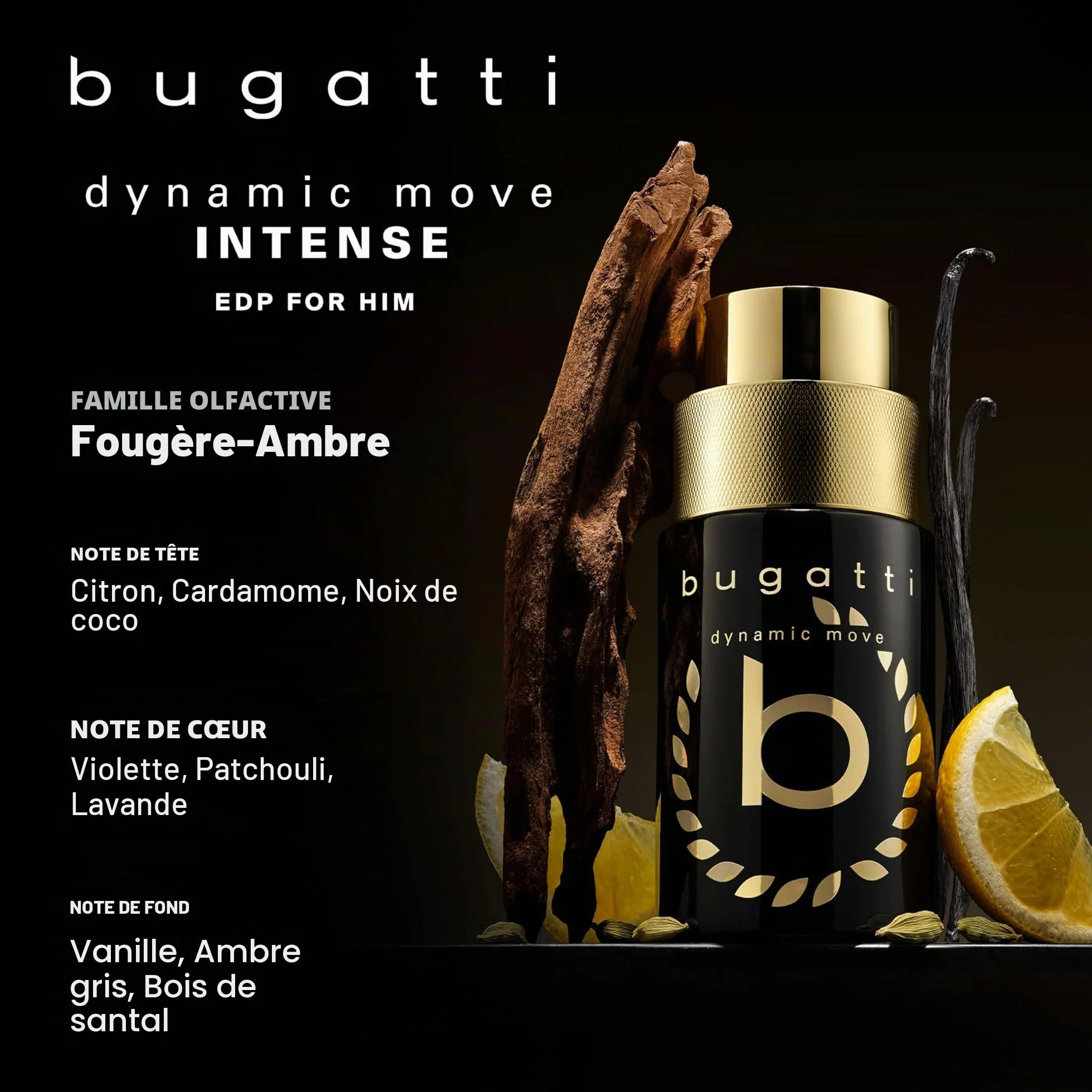 bugatti dynamic move intense Parfum pour homme 100 ml I Eau de toilette ambrée épicée I Parfum pour homme avec nuances de citron, noix de coco, patchouli, vanille et bois de santal I Parfum souverain