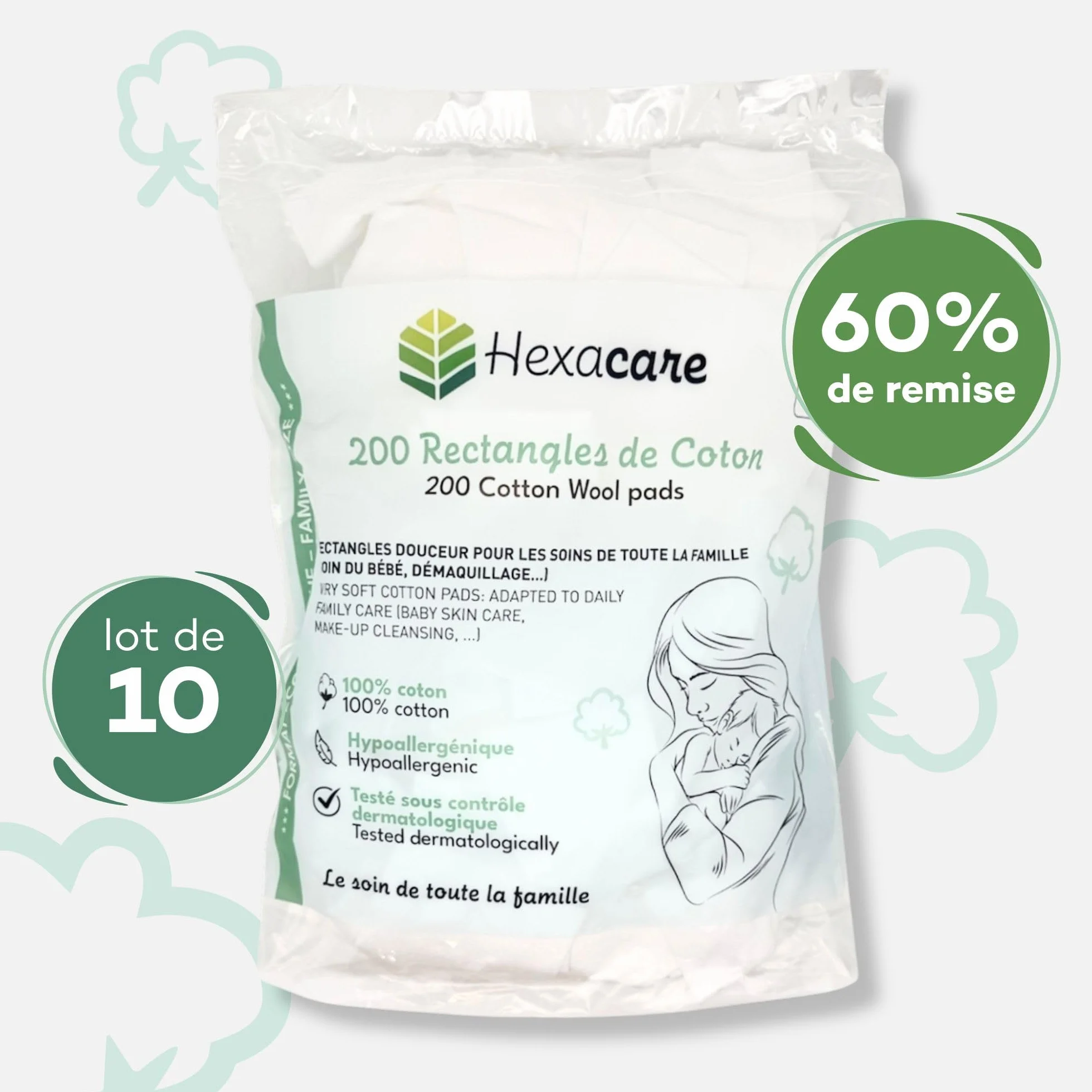 Hexacare Lot de 10 Paquets de 200 Rectangles de Coton 8x10 cm Extra Doux pour Bébé et Démaquillage 100% Fibres Naturelles Hypoallergénique