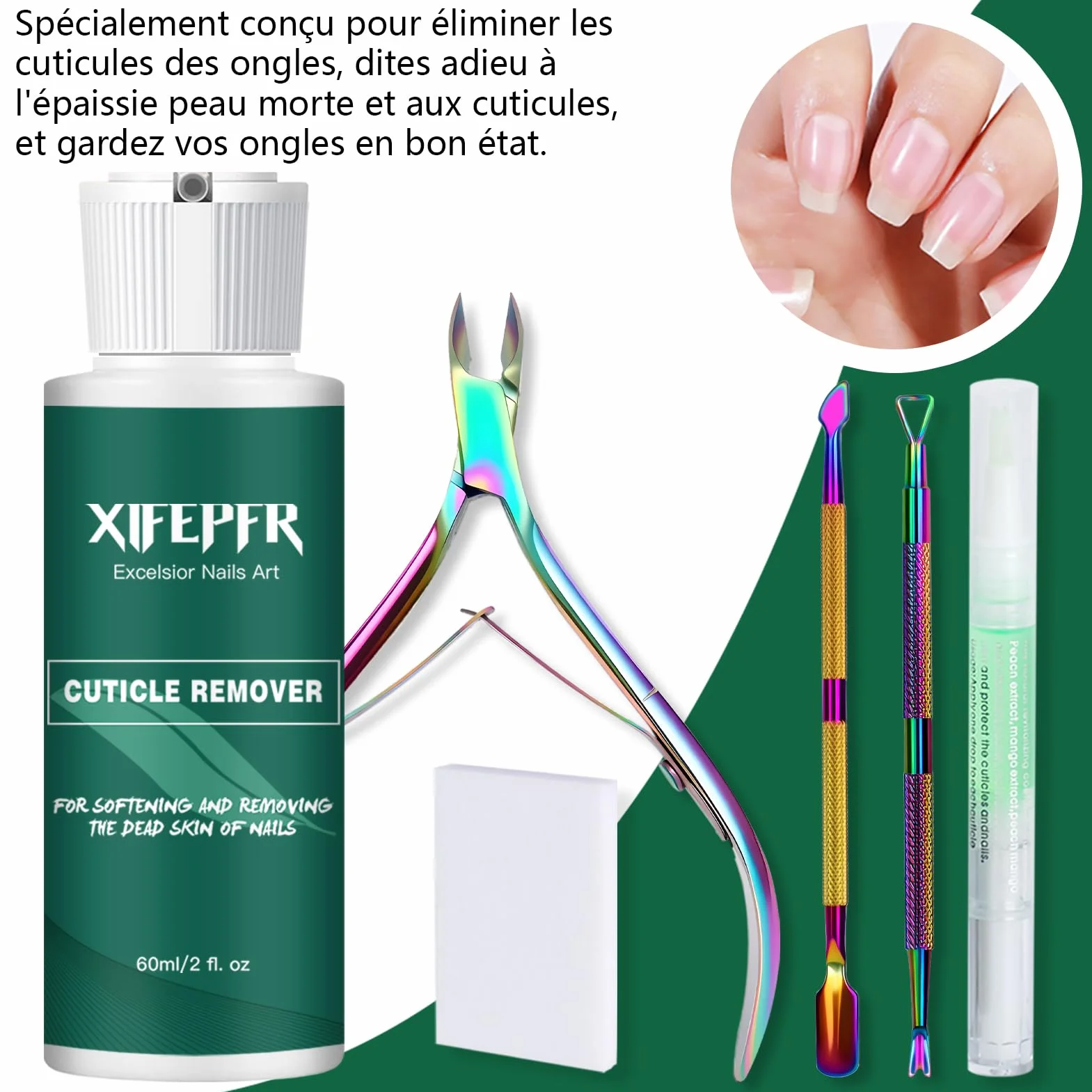 Kit de Remover de Cuticules avec Crème, Stylo d'Huile, Coupe-Cuticules, Pousseur et Tampons