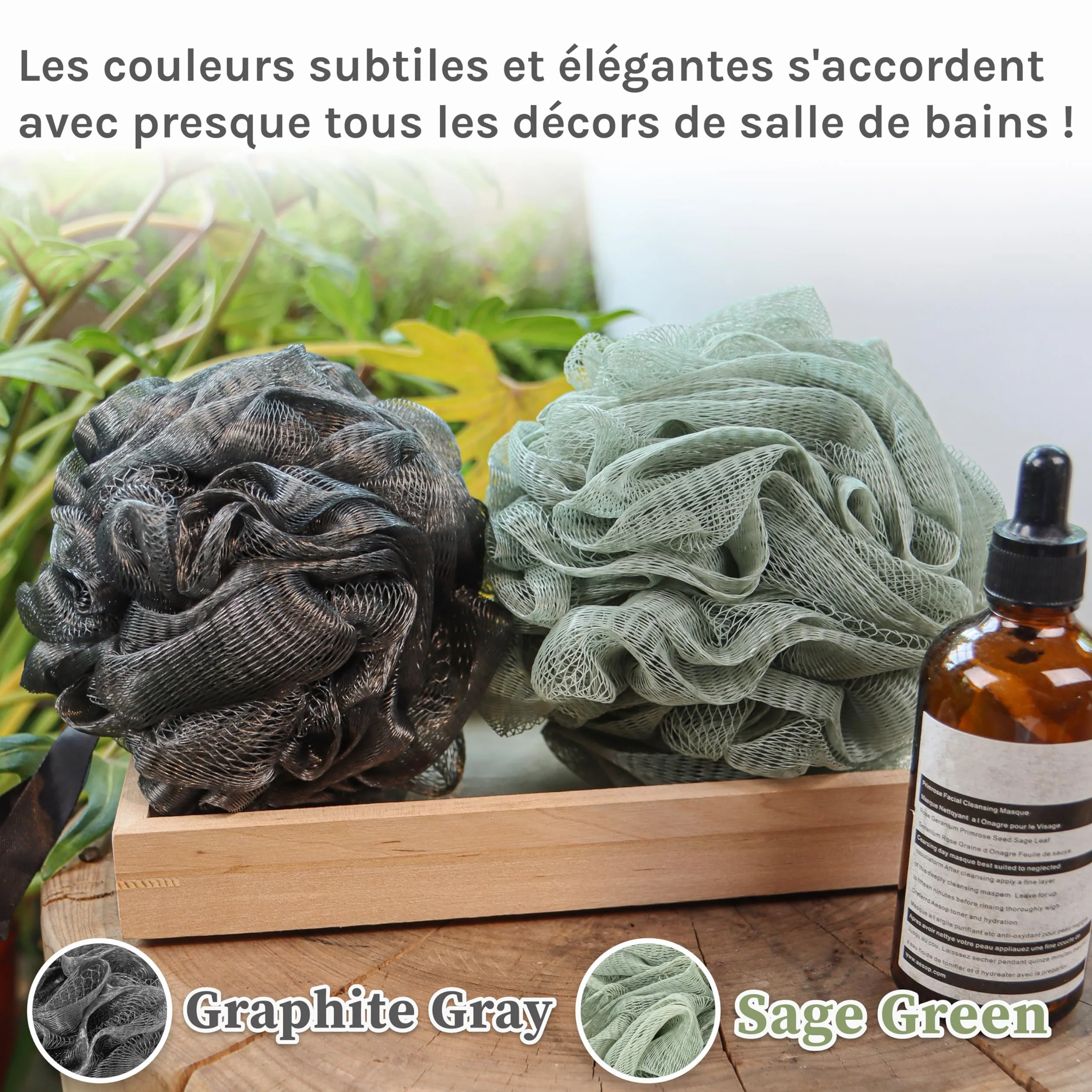 myHomeBody Grande éponge Loofah 70g - Pouf de douche exfoliant au charbon actif - 3 Packs (2 Graphite Gray + 1 Sage Green)