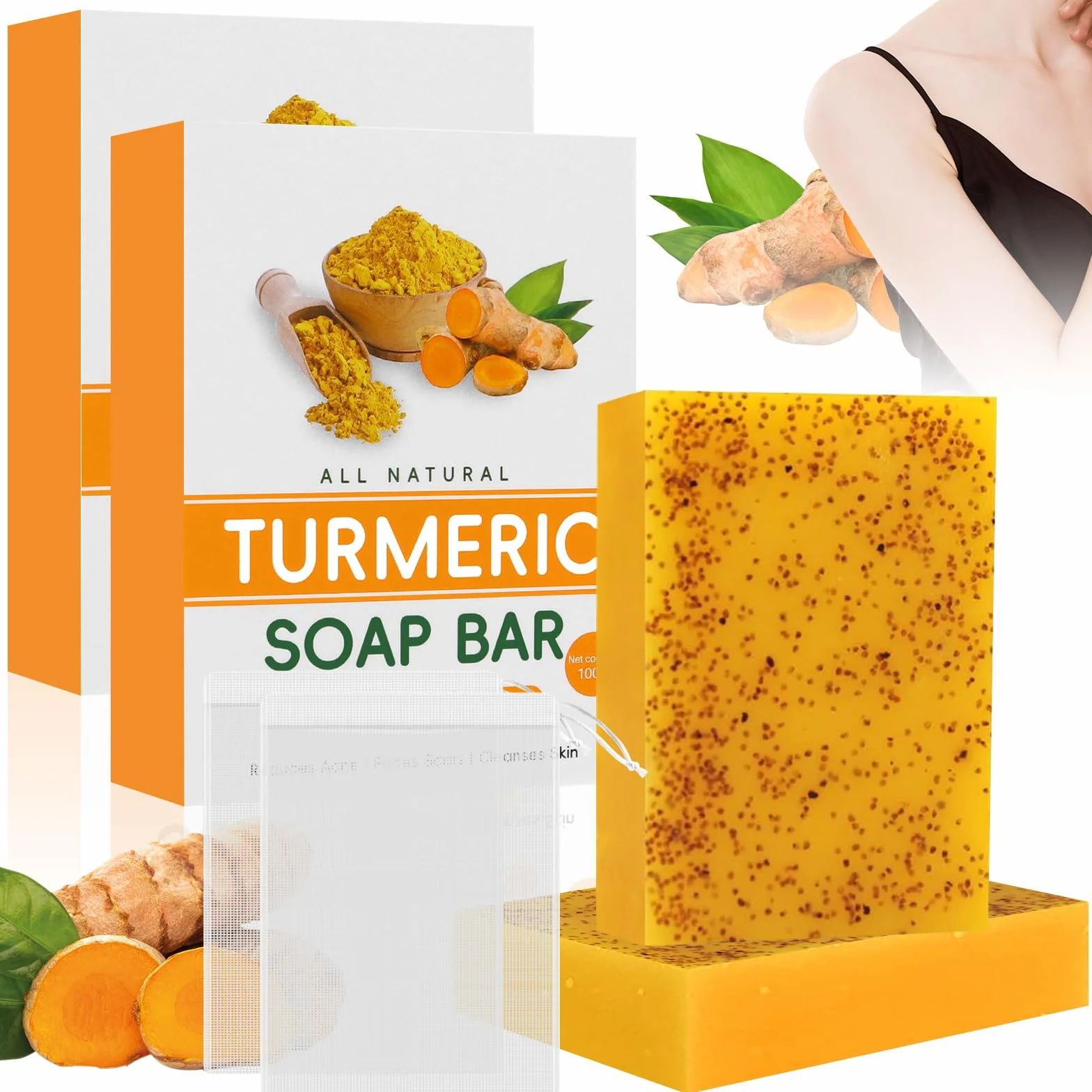 Savon Curcuma Exfoliant à l'Acide Kojique, Éclaircissant Naturel, Nettoyage en Profondeur Peau Lisse, Visage et Corps, 2 Pièces