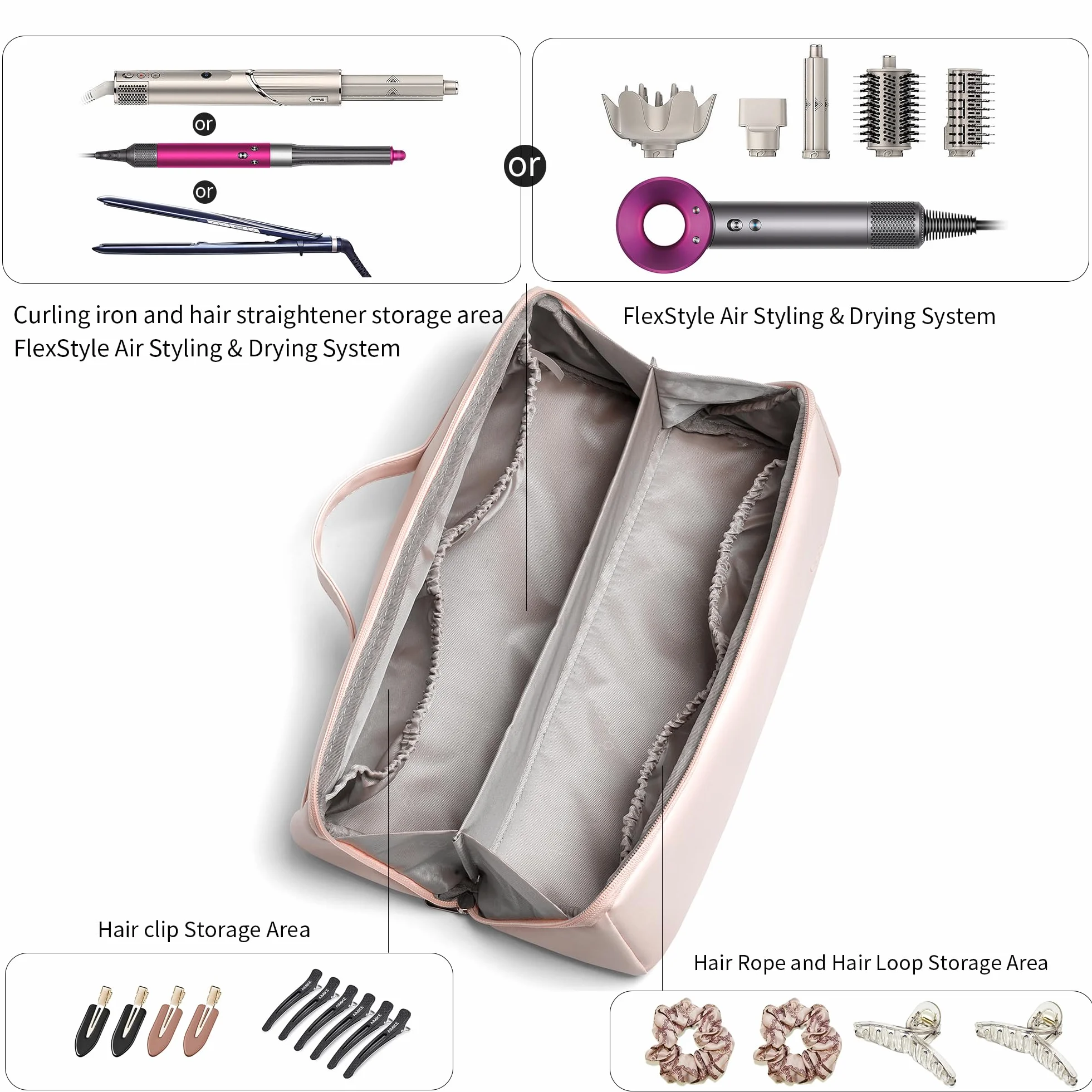 Veki Sac de Rangement Compatible avec Dyson Airwrap Styler et Shark, Étui de Transport de Voyage Portable pour Dyson Supersonic, Sac de Voyage Étanche pour Dyson Sèche-Cheveux et Accessoires (Rose)