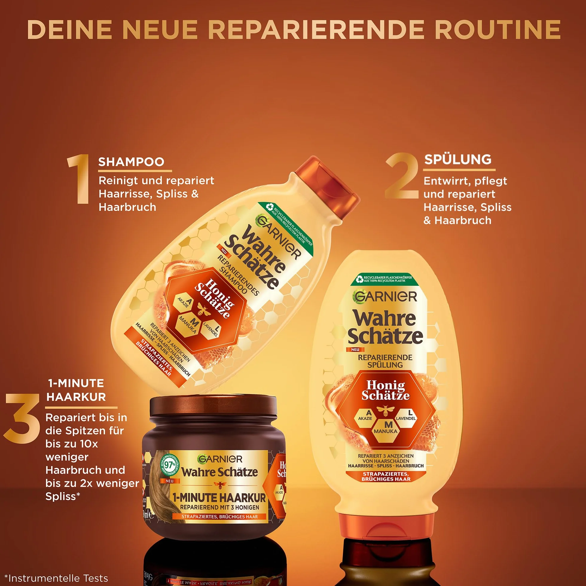 Garnier Wahre Schätze Lot de 3 Soins Cheveux Miel Acacia, Manuka, Lavande Shampoing 250 ml Après-Shampoing 200 ml Cure 1 Minute 340 ml