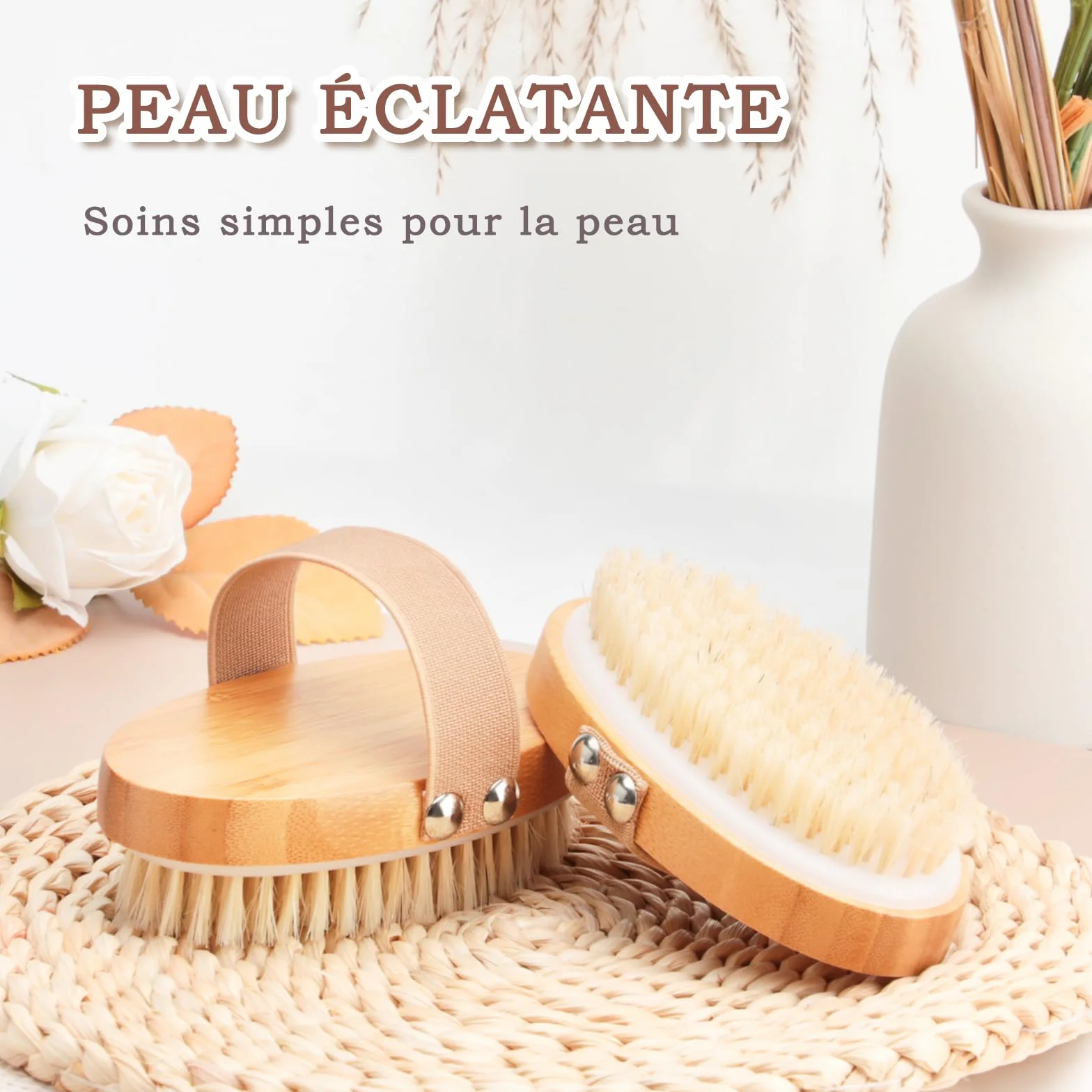 FREATECH Brosse de Gommage Corps, Poils Naturels Exfoliants Peau Sèche, Anti-Cellulite, Circulation Sanguine