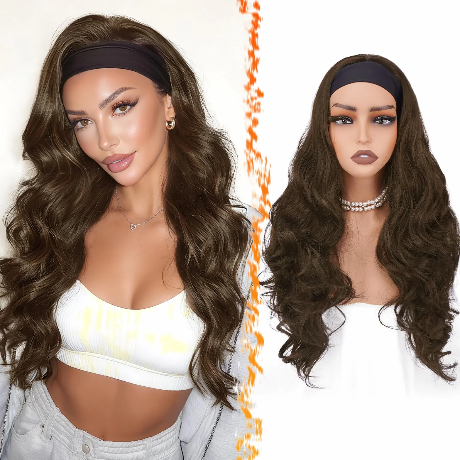 BARSDAR Ondulée Brun Clair Bandeau Perruque, 66cm Longue Body Ondulée Synthétique Headband Perruque pour Femme Hair Wig D'aspect Naturelle Glueless Easy Wear Cheveux Perruques