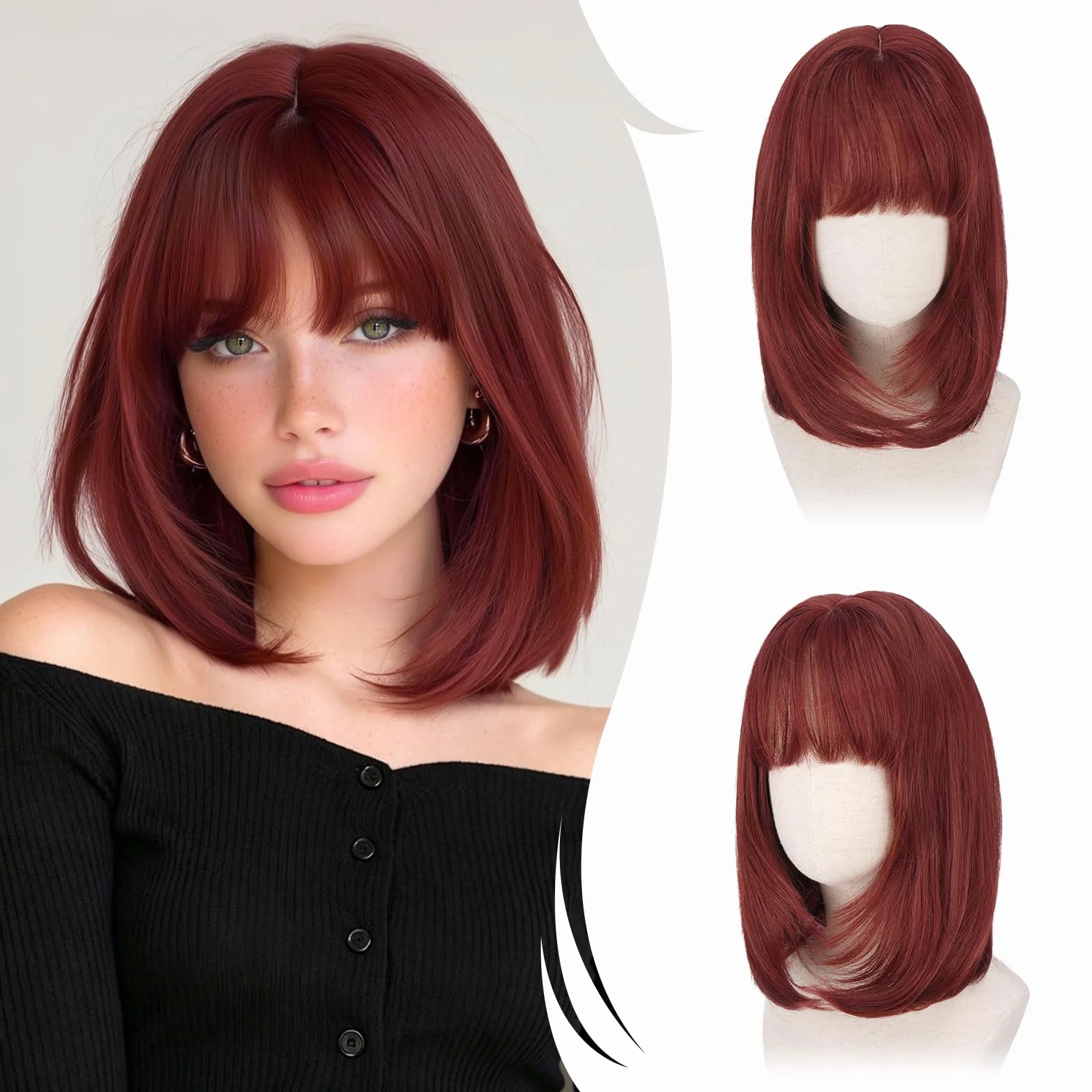 RUWISS Rouge Cuivré Perruque Courte Droite avec Frange, 35 cm Bob Layered Perruques pour Femme Classique Bob Synthétiques Résistantes pour Usageet Quotidien et Cosplay