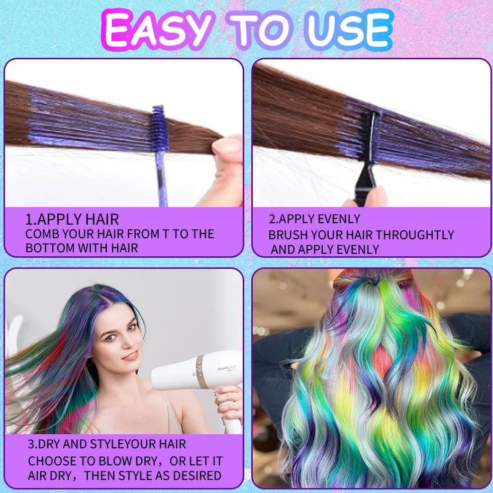 Craie Cheveux Colorées Lot de 6, Mascara Lavable pour Cheveux, Teinture Temporaire