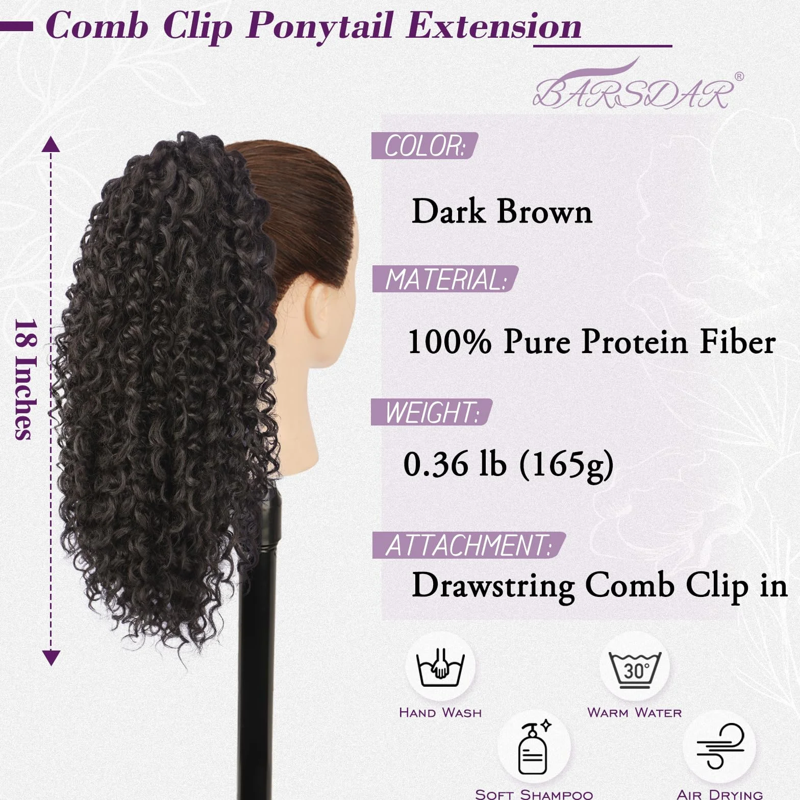 BARSDAR Marron Foncé Queue de Cheval Extension, Bouclée Queue de Cheval avec Cordon Pure Protein Fibre 45cm Bohemian Ondulée Bouclée Peigne Clip in Ponytail Postiche D'aspect Naturel Doux Léger Fêtes