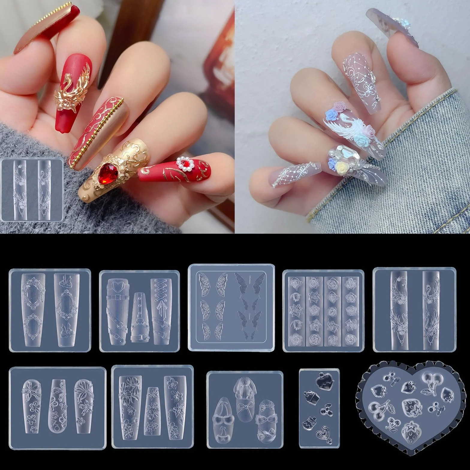 Moule en silicone 3D pour nail art sculpté avec motif précis en relief