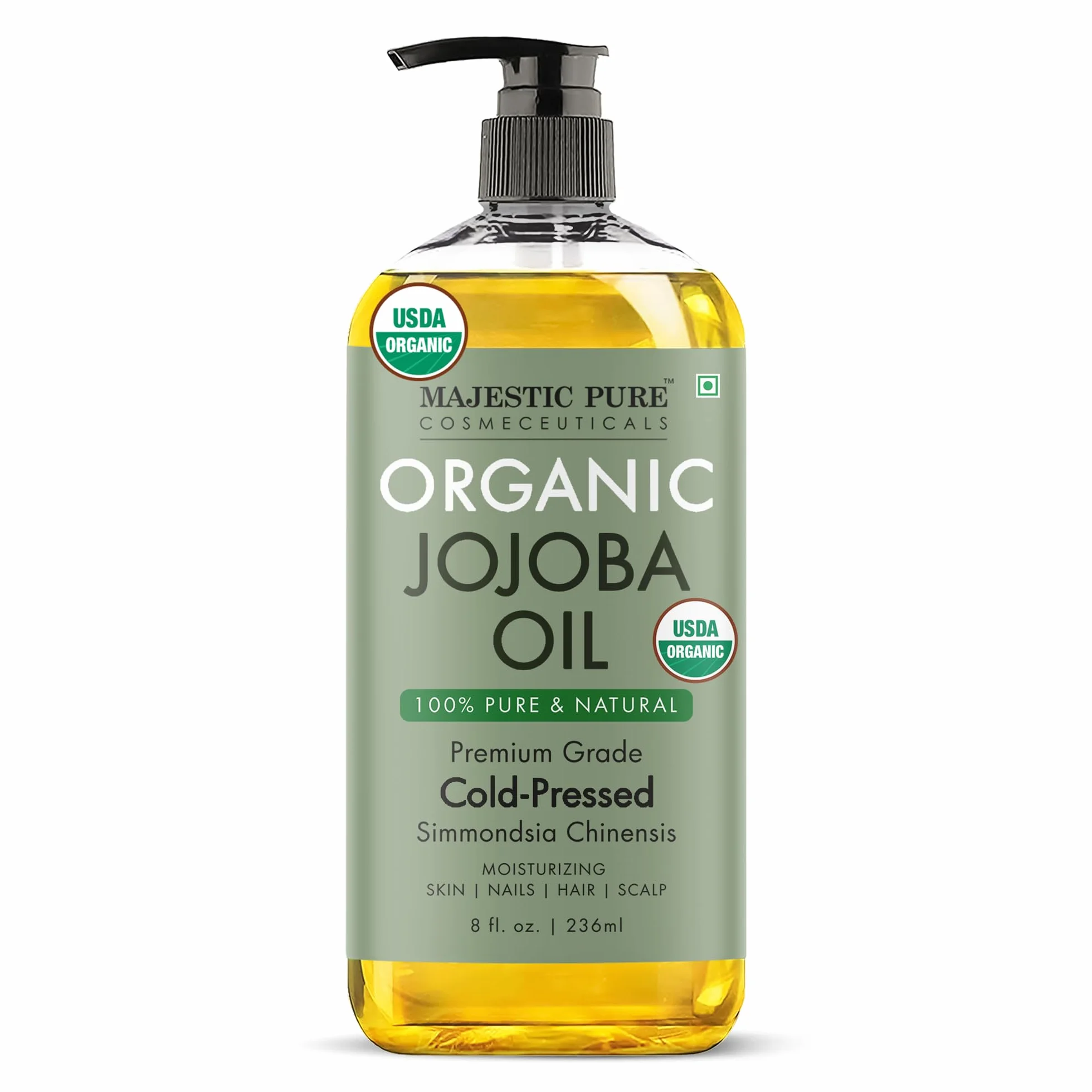 Huile de Jojoba Biologique Certifiée USDA Majestic Pure 237 ml - Huile Corporelle Naturelle 100% Pure, Pressée à Froid